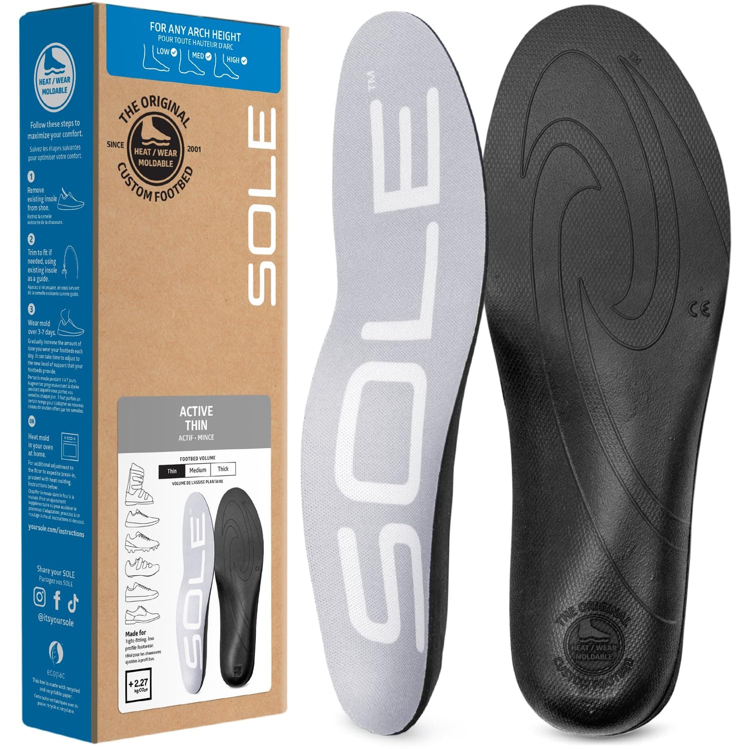Sole Active Thin Shoe Insoles – Orthotic Arch Support Inserts for Plantar Fasciitis Relief - Mens Size 10/Womens Size 12, 1 Pair