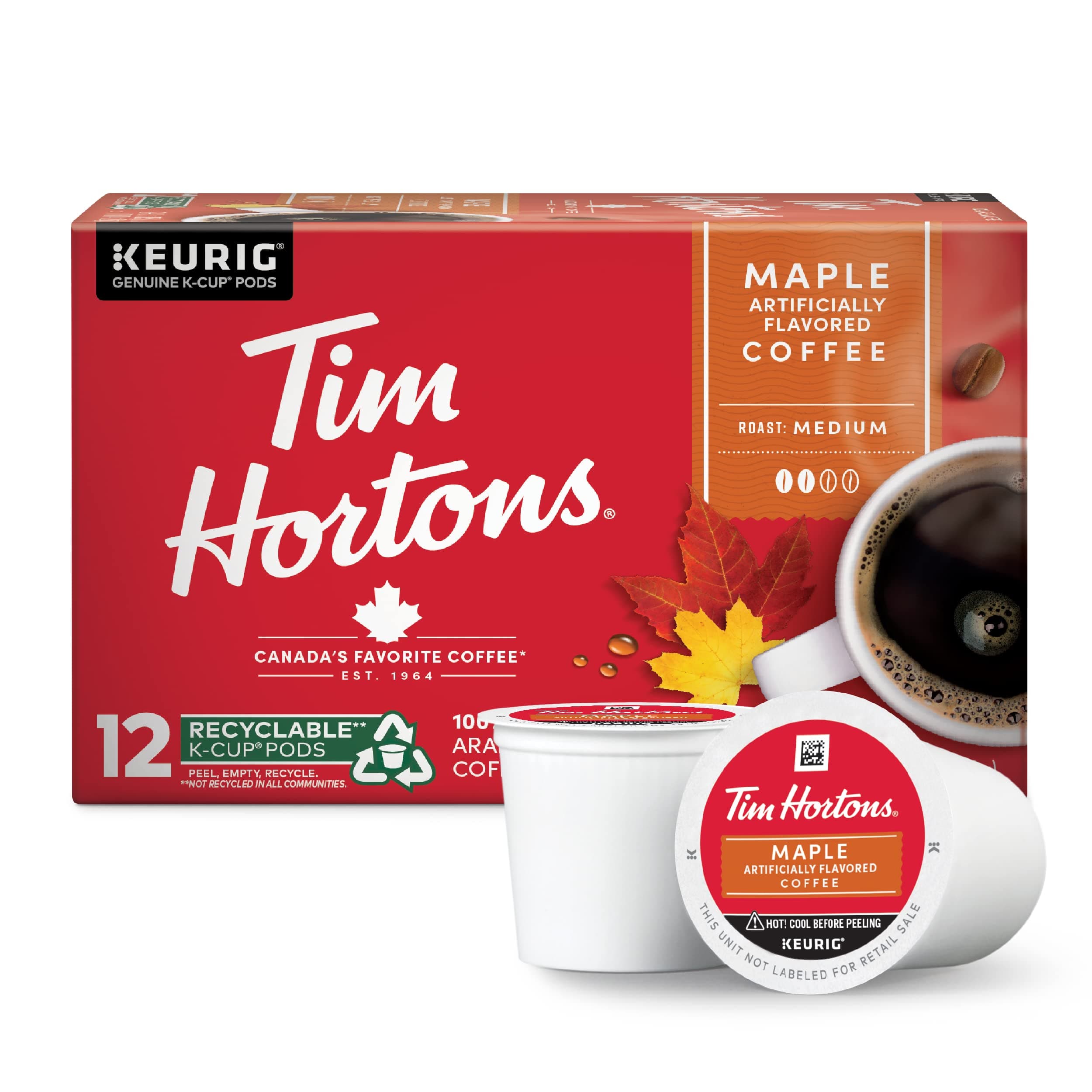 Tim Hortons Maple Flavored Coffee, Single-Serve K-Cup Pods Compatible with Keurig Brewers, 12ct K-Cups, Red