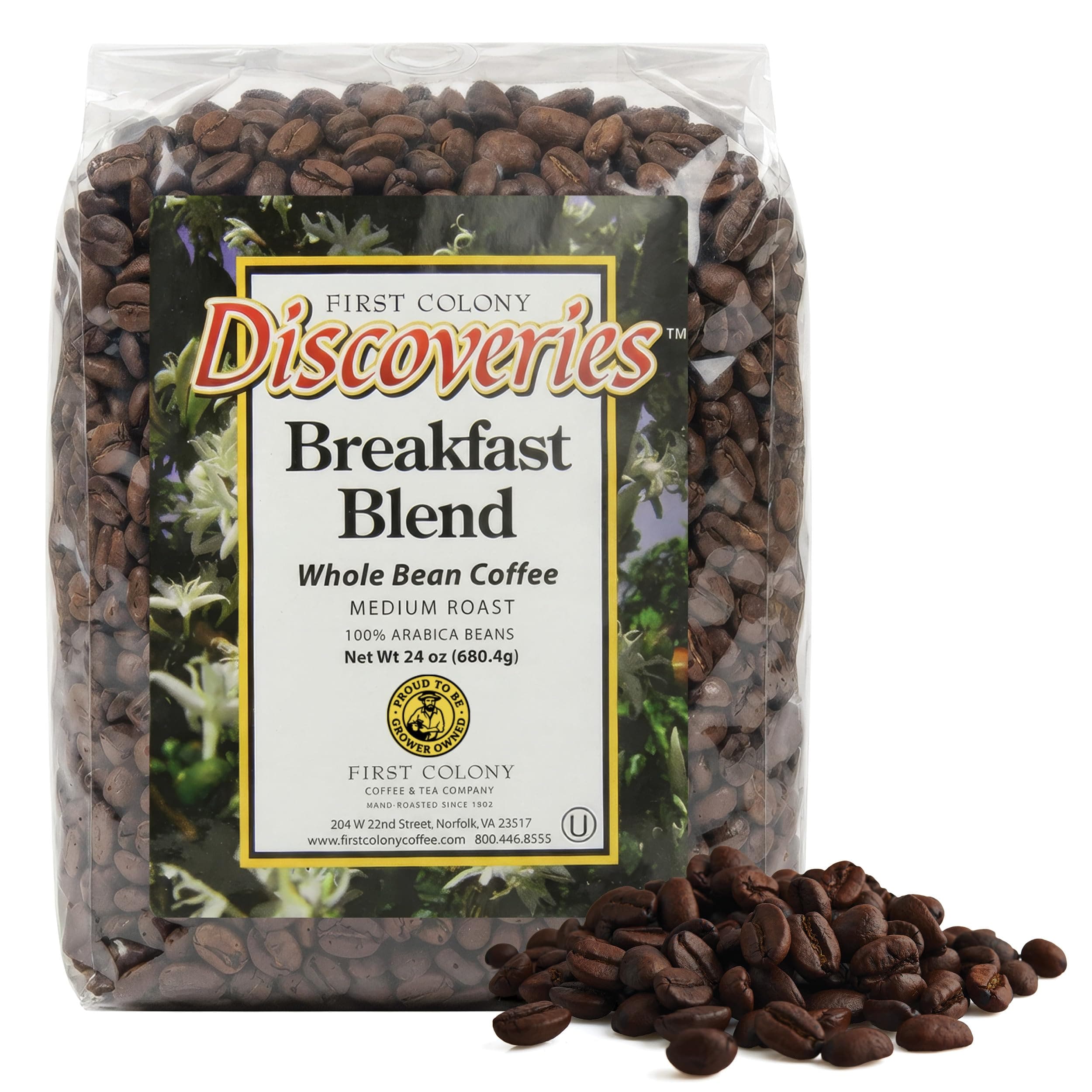 Whole Bean Coffee, Breakfast Blend, Medium Roast, 100% Arabica Beans, 24oz Bag, Nutty & Chocolate-Caramel Notes for Home Brewers & Cafés, Hand-Roasted in the USA Since 1902