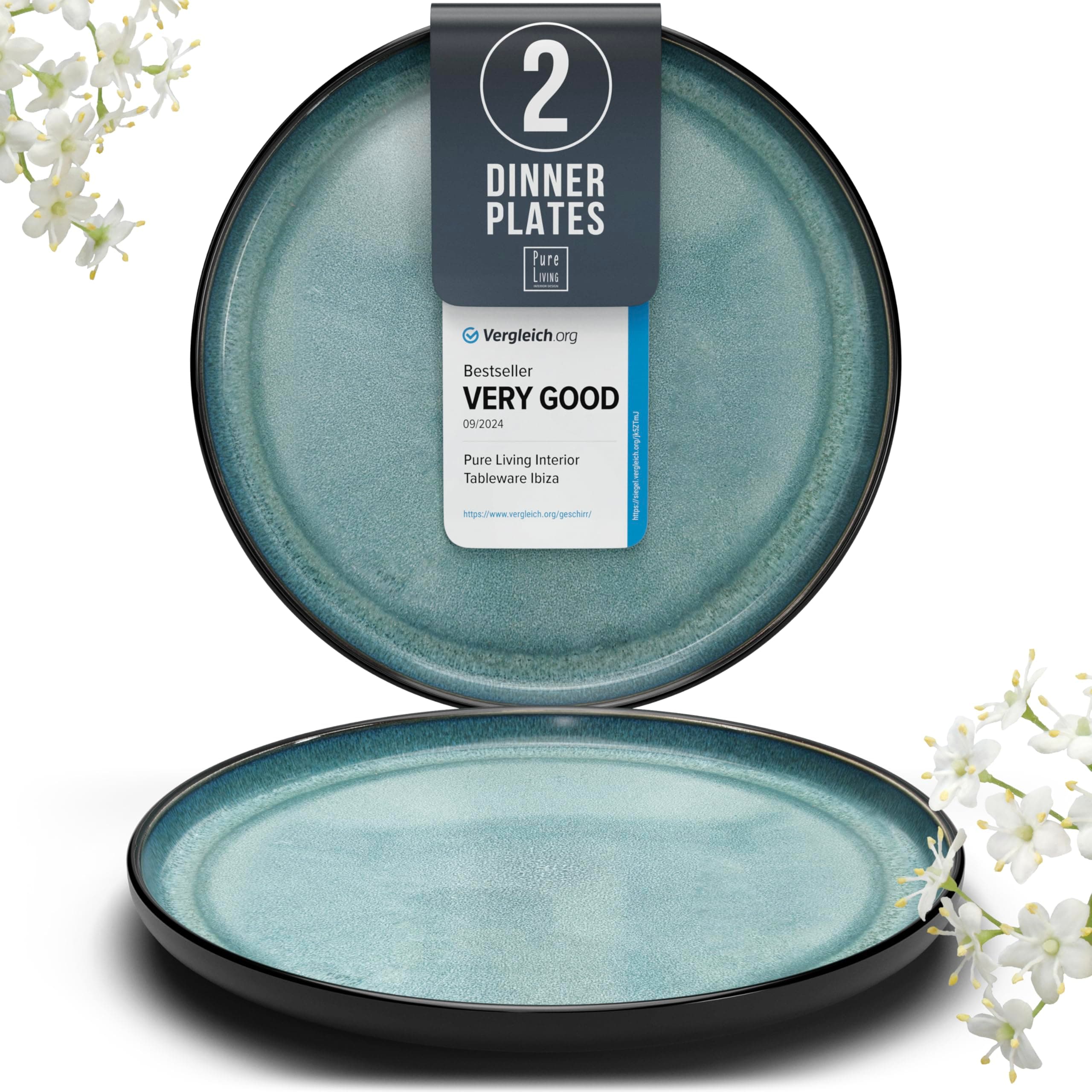 Stoneware dinner plates set 2 pcs – 10.2" petrol blue ceramic plates with lipped edges – Dishwasher and microwave safe – Large Ibiza style plates – Dinner service Pure Living
