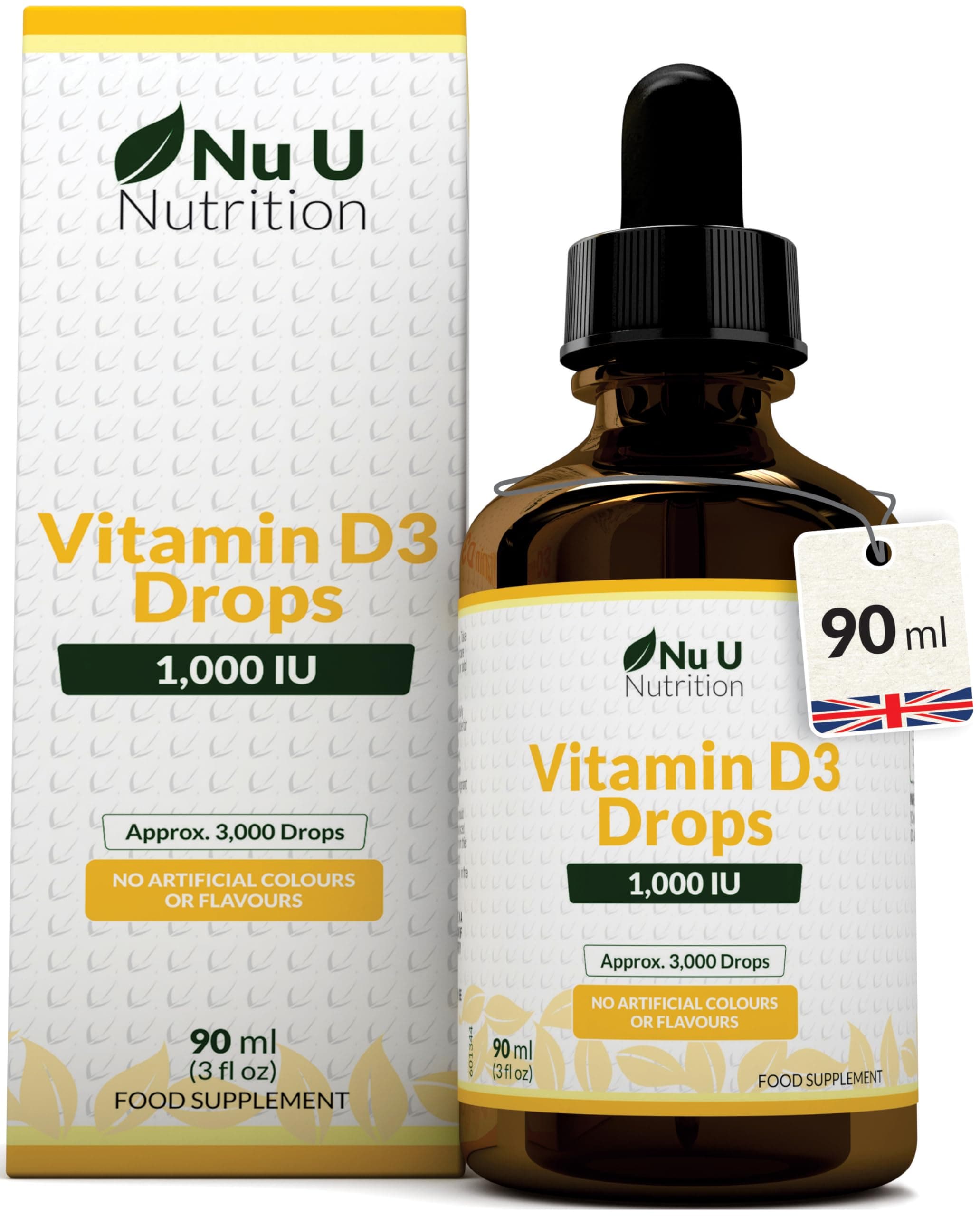 Vitamin D Drops 90ml (3000 Drops) - 1000IU per Drop - 50% More - Flexible Dose of Liquid Vitamin D3 Supplement for Adults - Unflavoured & Vegetarian - Made in the UK - Nu U Nutrition