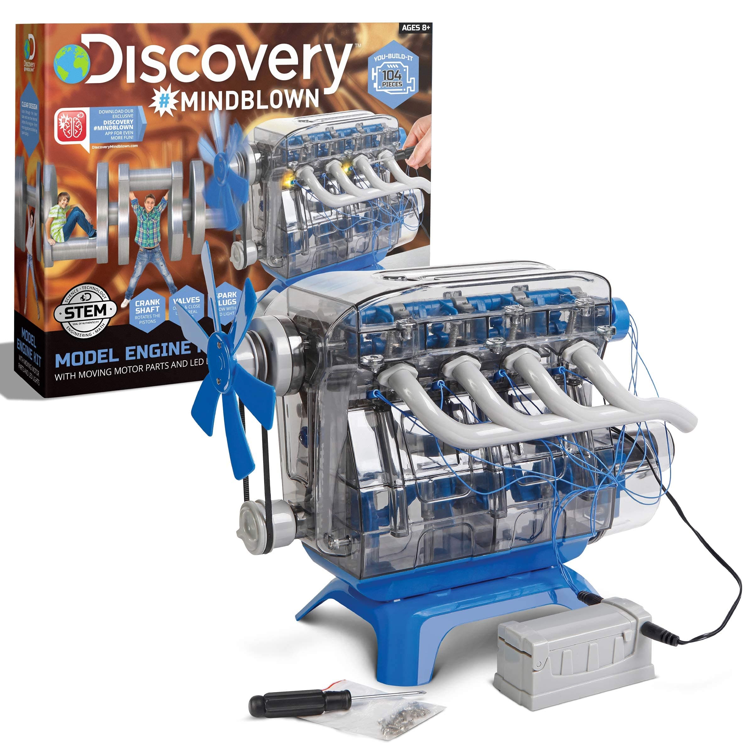 Discovery Model Engine Building Kit, DIY 4-Cylinder Combustion Engine, Working Pistons Fan Valves Belts LED Lights, STEM Mechanic Engineering Construction Experiment Set, Kids & Adults Gift