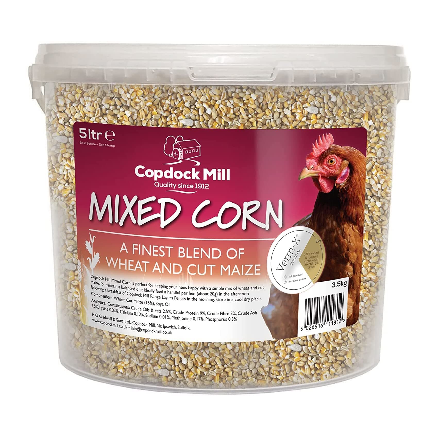Copdock Mill Mixed Corn Poultry Feed with Verm-X 5ltr Tub, Packaging May Vary
