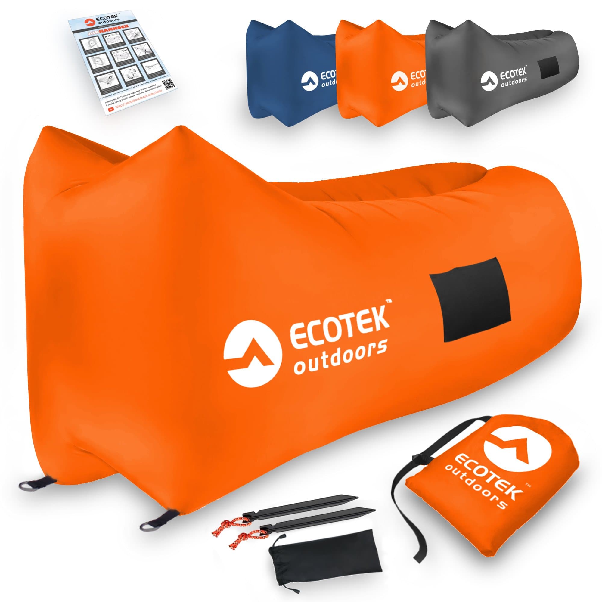 ECOTEK Outdoors Premium Inflatable Air Hammock Version 2.0 Lounge with Upgraded Fabric, Elastic Pockets, Aluminum Alloy Stakes, and Carry Bag