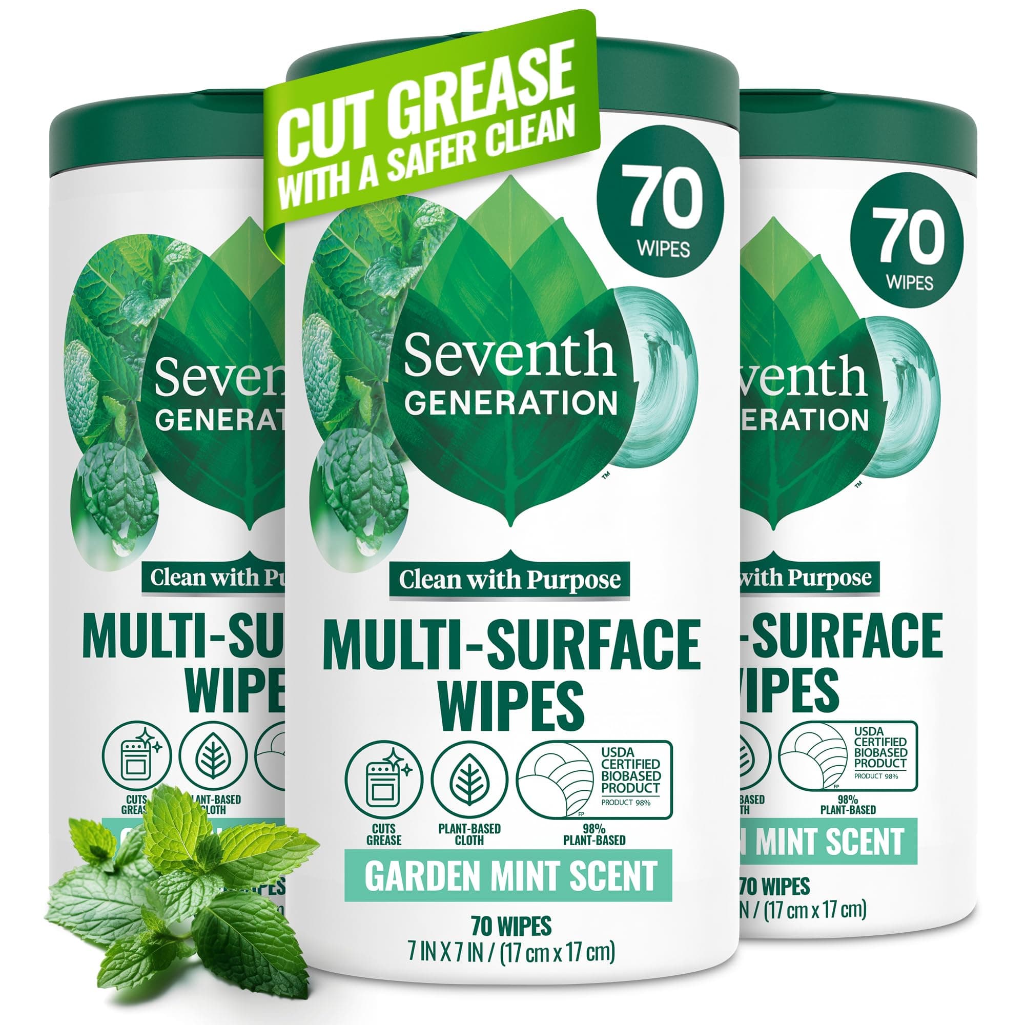 Multi-Surface Wipes, 70 Count, Pack of 3, Garden Mint, Plant-Based Cleaning Wipes, No Harsh Fumes or Residue, Safe Around Kids