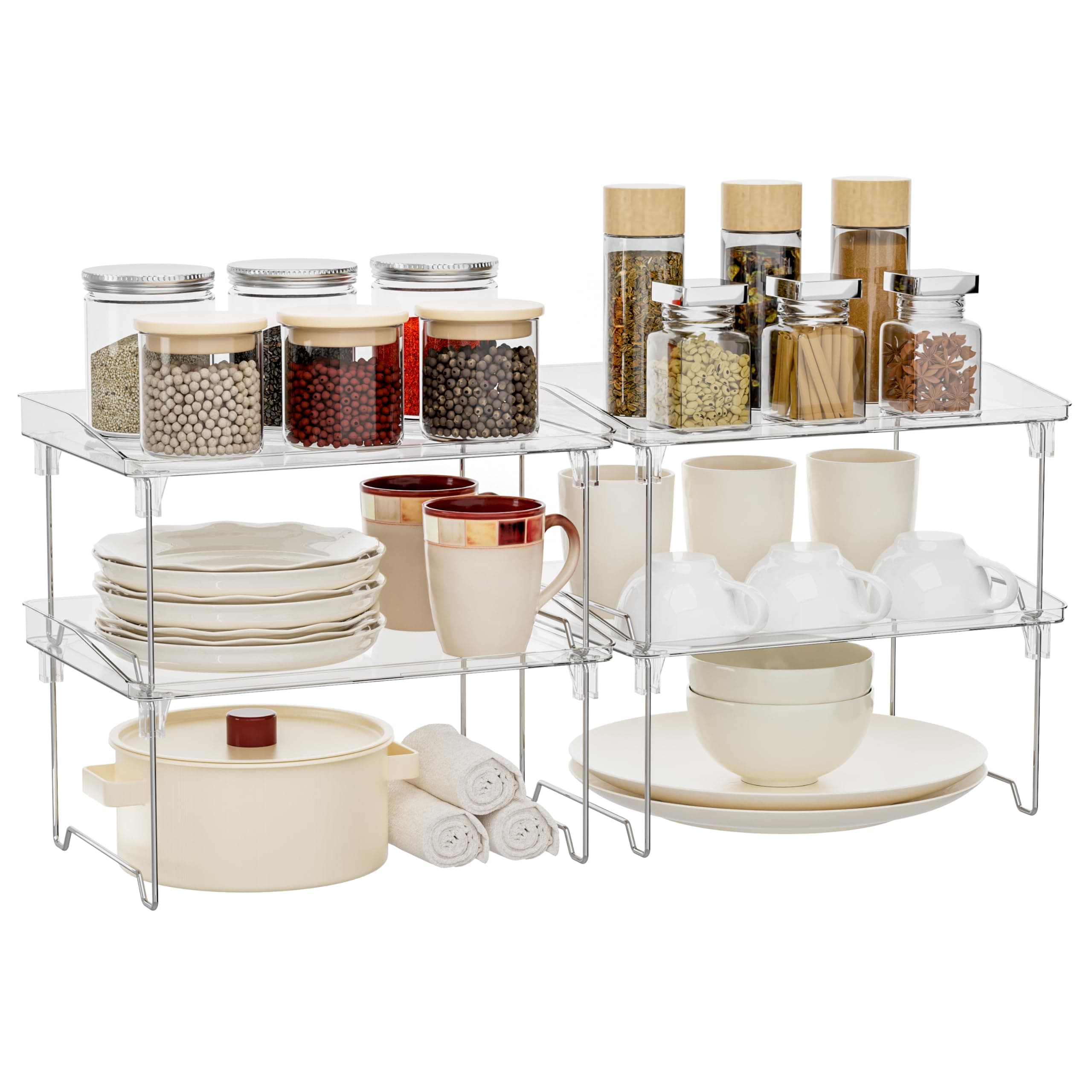 Acrylic Cabinet Organizer Shelf,4 Pcs Stackable Kitchen Counter Shelves,Spice Rack,Countertop Organizers,Clear Plastic Storage Organization for Makeup,Bathroom,Cupboard,Desk,Pantry