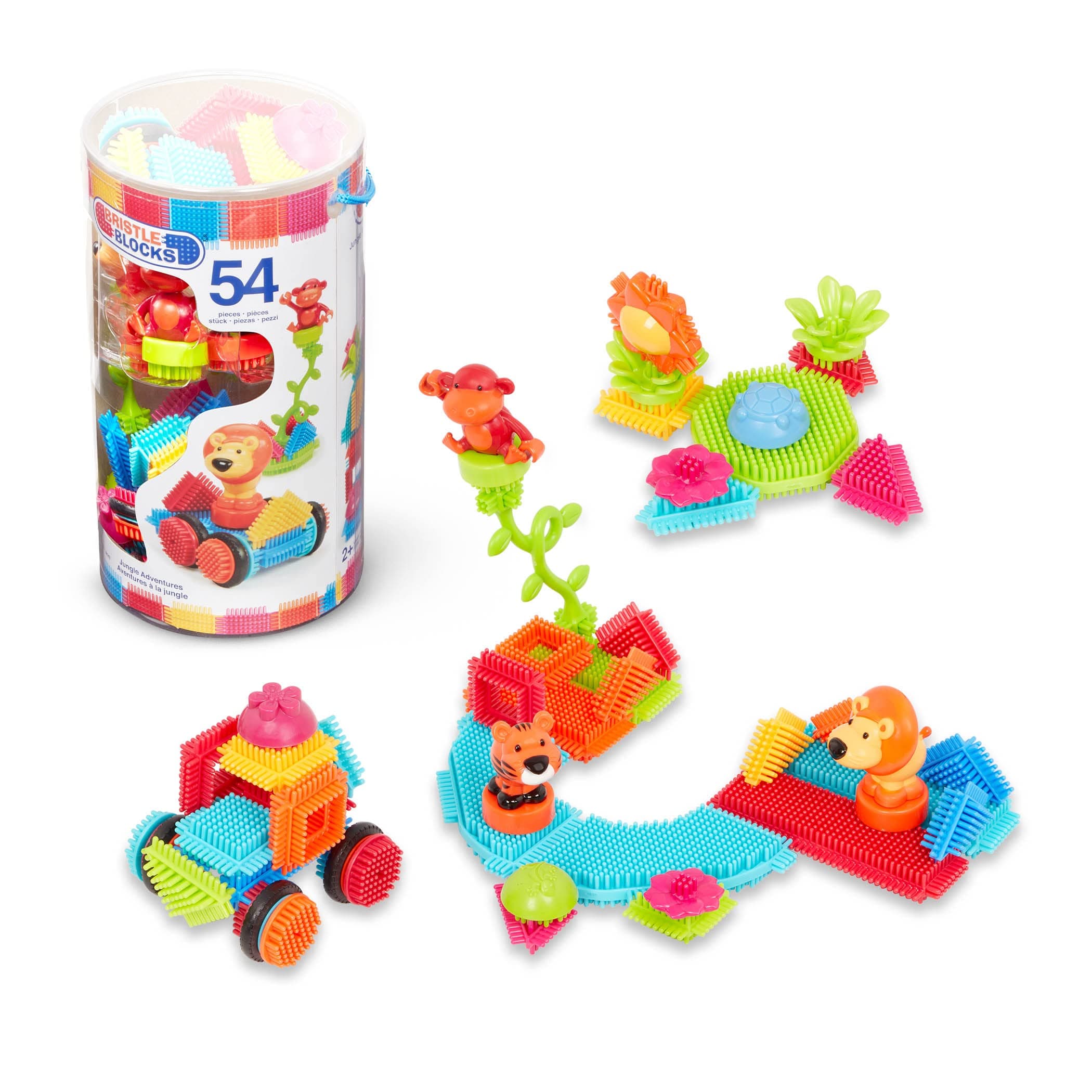 BattatBristle Blocks – STEM Interlocking Building Blocks – 54 Pieces Playset – Reusable Storage Bucket – Developmental Toys for Toddlers & Kids – Jungle Advetures – 2+ Years