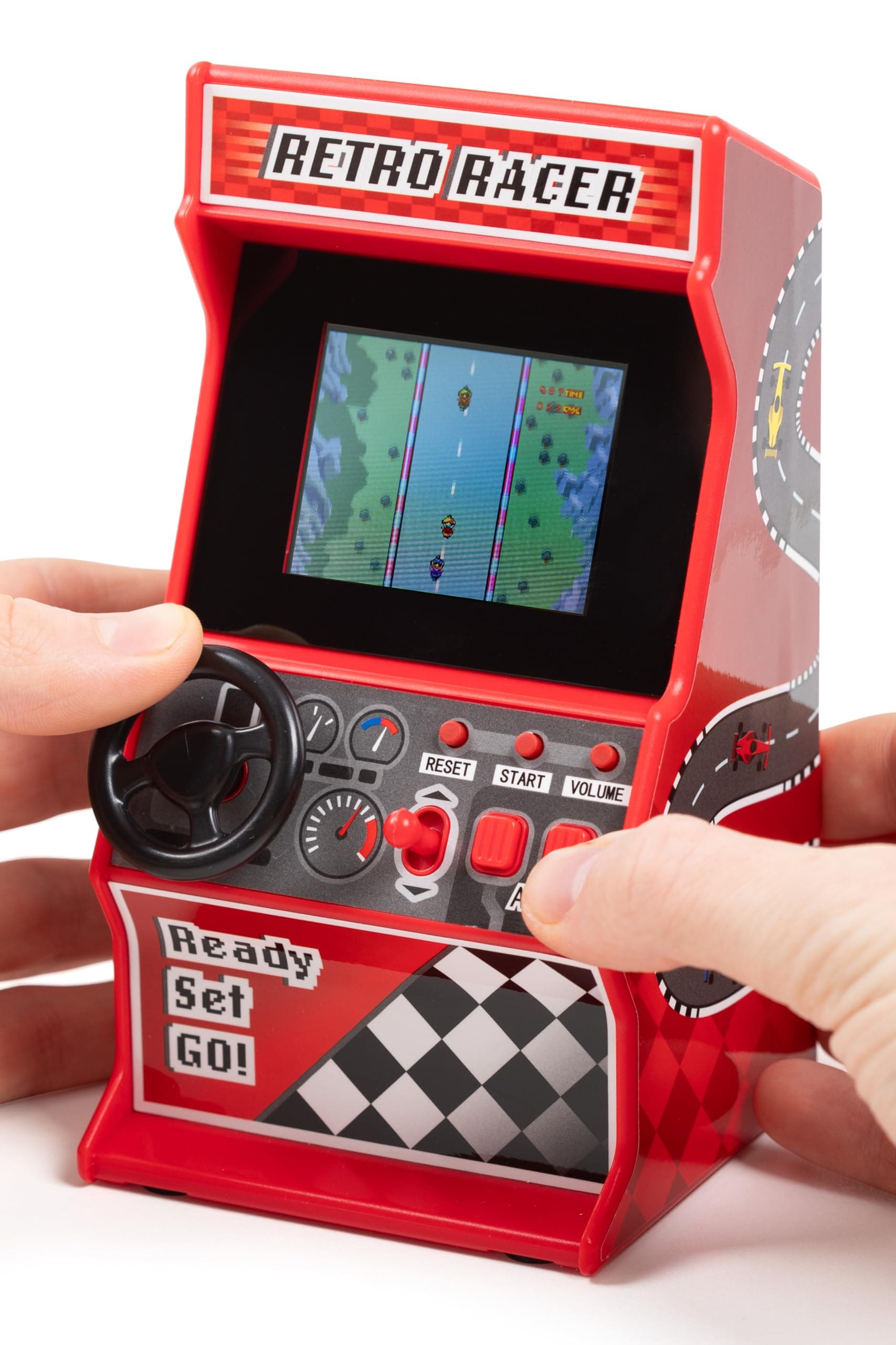 Mini Arcade Racing Machine: Handheld Console with 30 Pre-loaded 8-Bit Games, 2.4" LCD Screen, Steering Wheel, Gear Stick, Control Buttons, Games Console by Thumbs Up!