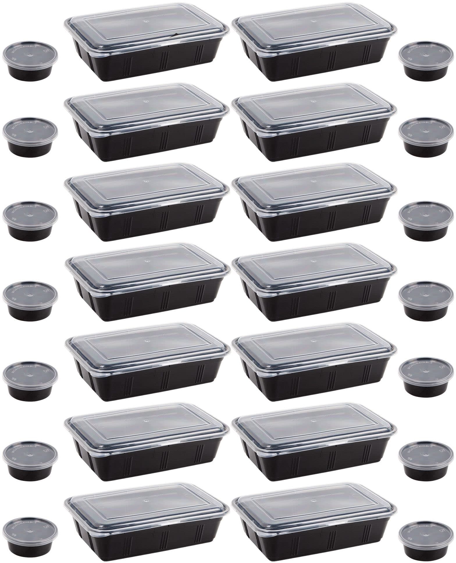 Plastic Meal Prep Container Set (28 Pieces) - 32 oz Food Storage Containers (14PCS) & 2 oz Sauce Cups with Lids (14PCS) - Microwavable & Freezable Reusable Lunch Boxes - BPA-Free Dishwasher Safe