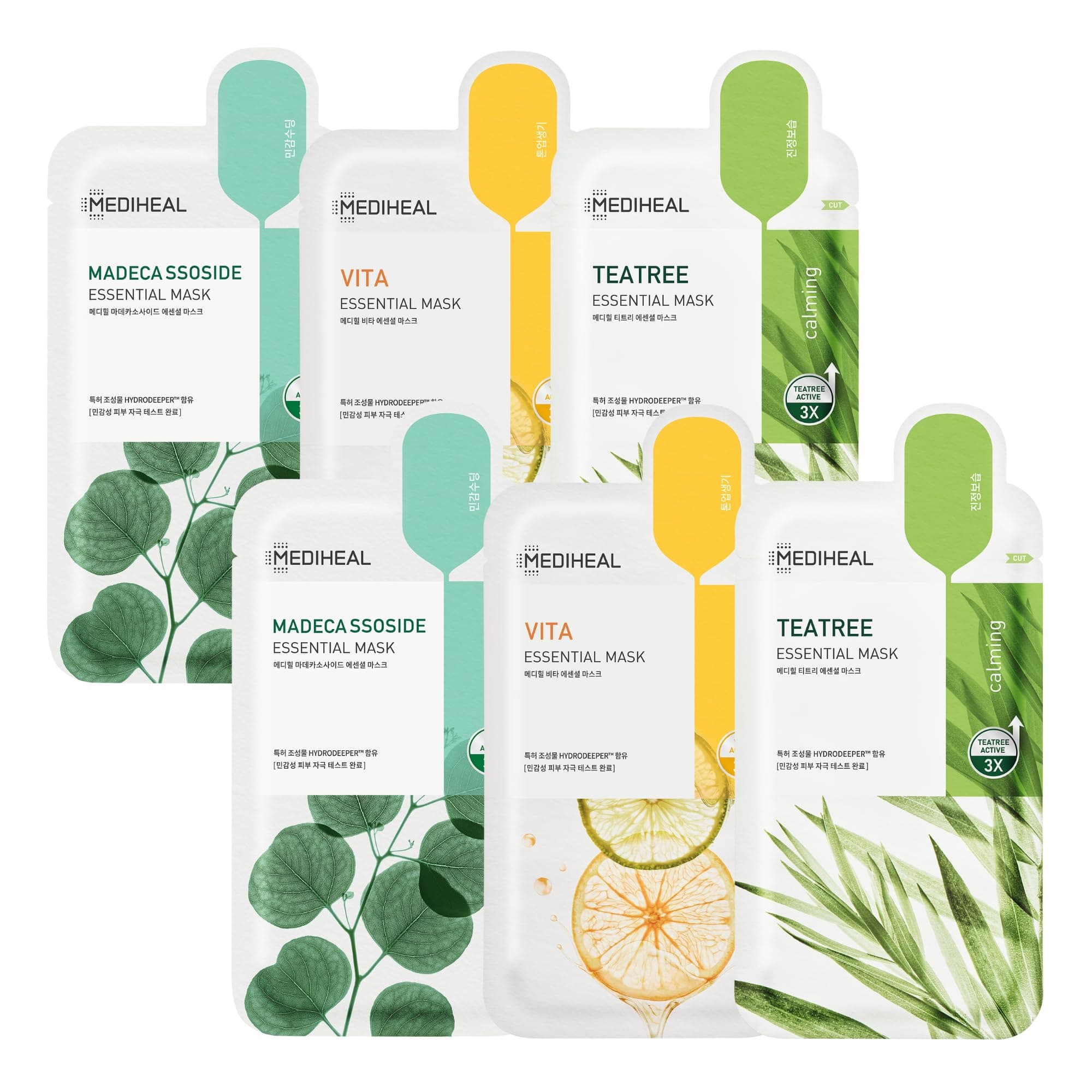 Mediheal Sheet Mask Essential HERO 6 pack (Tea Tree, Madecassoside, Vita)| Korean Skincare Facial Sheet Mask Combo Moisturizing, Soothing and for Blemishes
