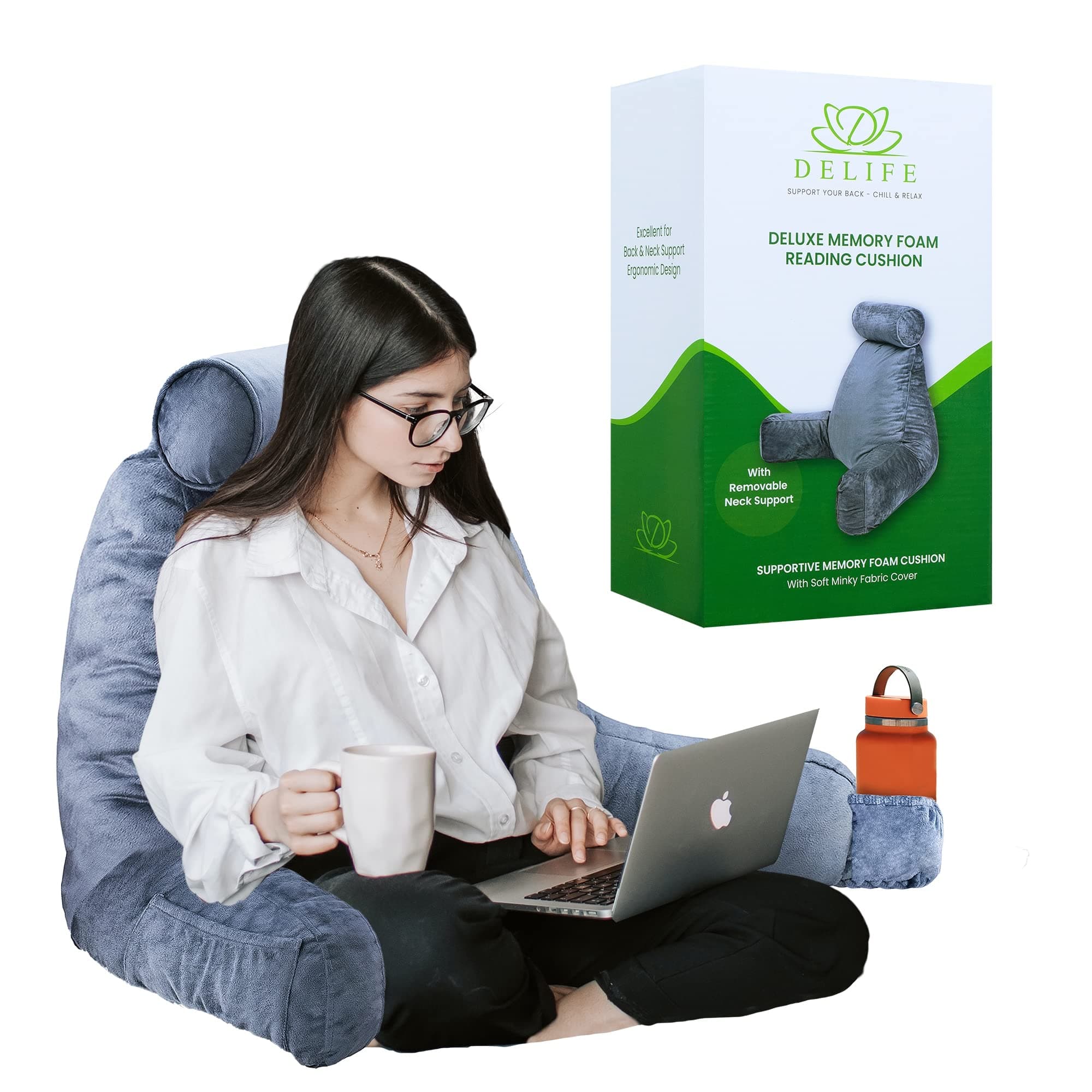 DELIFE Large Reading Pillow - Mixed Memory Foam Support Cushion - Ergonomic Backrest with Armrests, Neck Support & Convenient Pockets - Ideal for Bed Reading, Lounging & Posture Support (54 x 90cm)