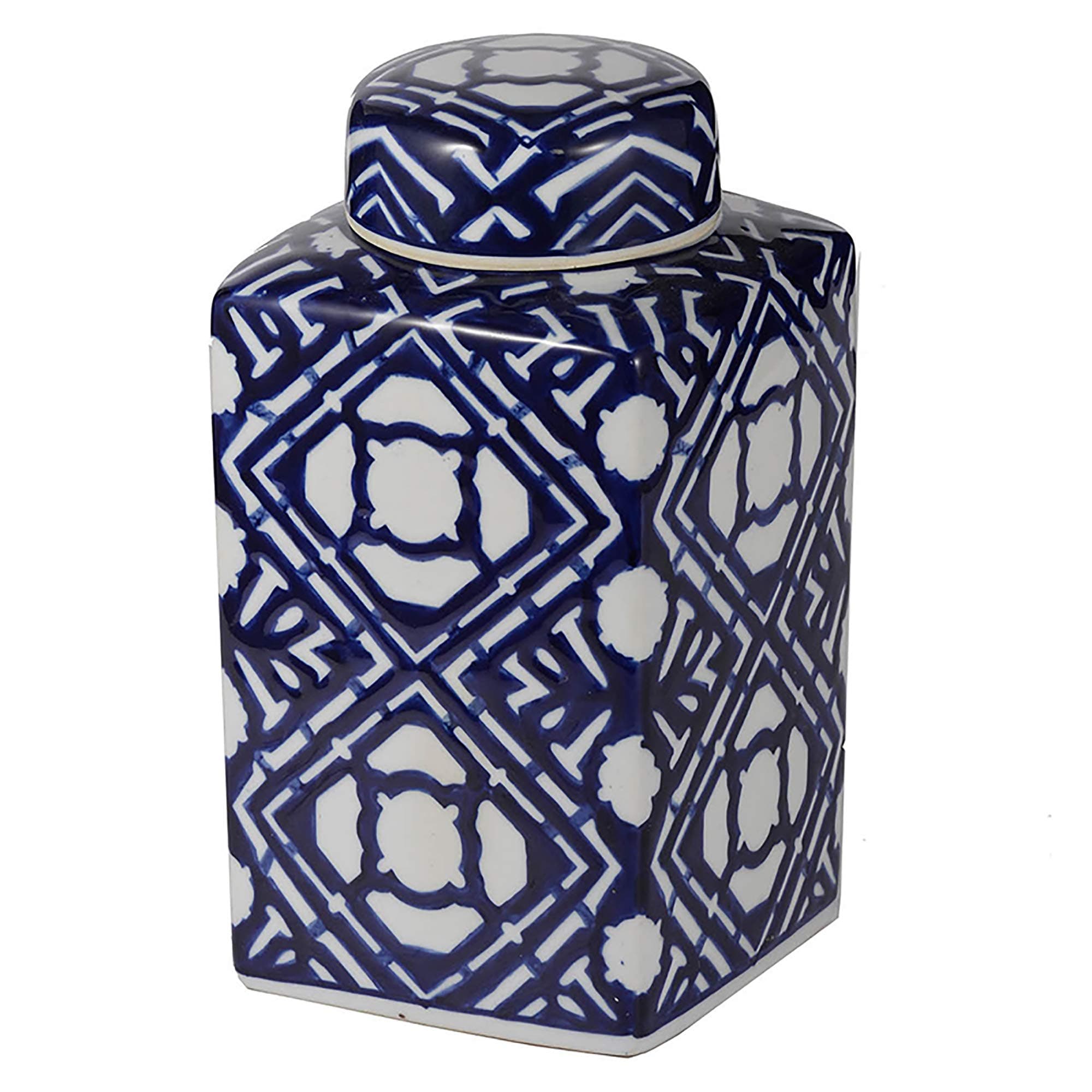 A&B Home Square Ginger Jar with Lid - Geometric Abstract Pattern, Blue and White Modern Style, Home Décor Accent Centerpeice, 10'' Tall