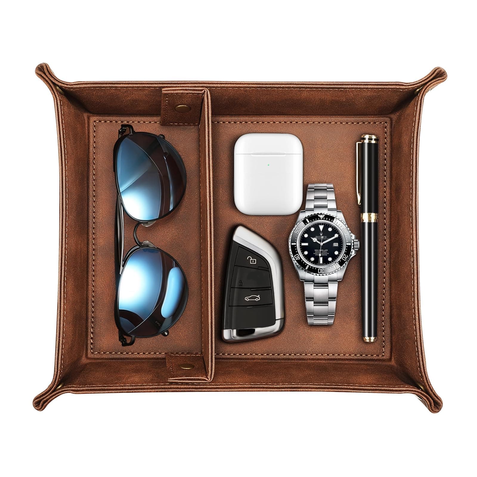 SITHON Brown Valet Tray Desktop Storage Organiser - Removable 2 Compartment Catchall Tray for Bedside Vanity Nightstand Caddy Holder Desk Storage Plate for Remote Controller/Keys/Phone/Jewellery