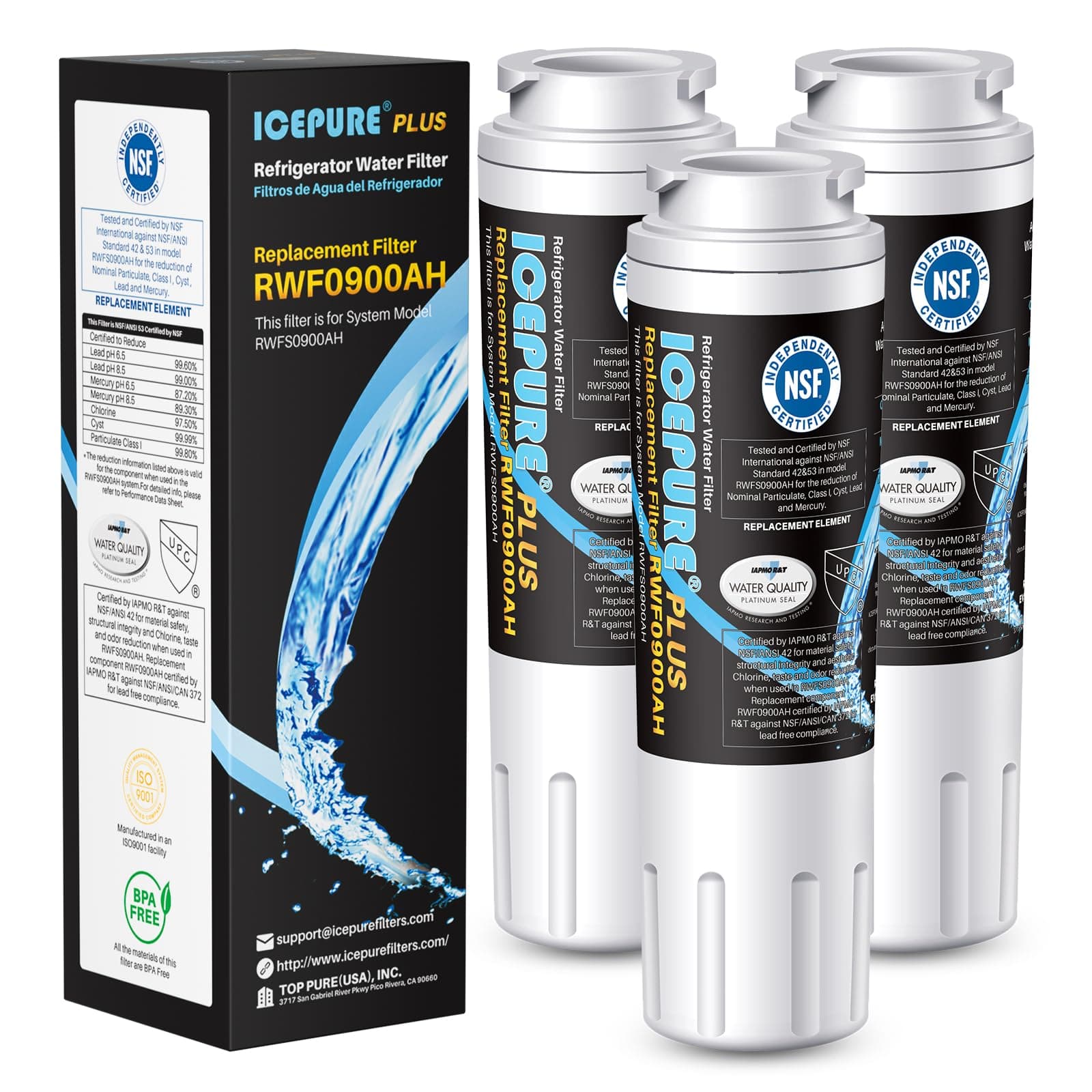 ICEPURE PLUS UKF8001 NSF/ANSI 53 Certified Replacement for Everydrop EDR4RXD1, Whirlpool Filter 4, Maytag UKF8001AXX-200, MPF15090, WF-UKF8001, Puriclean II, RWF0900A Refrigerator Water Filter, 3PACK