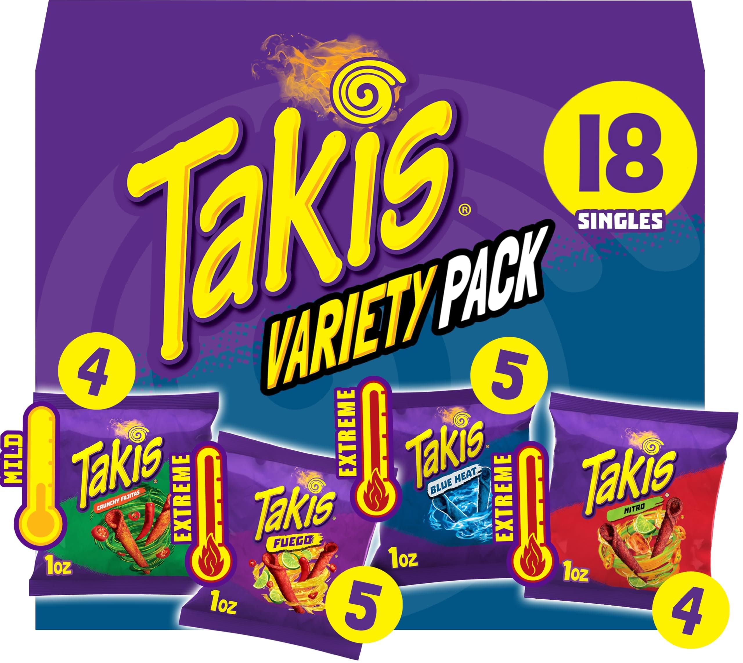 Takis 18 pc / 1 oz Variety Pack, Assorted Flavored Mixed Rolled Tortilla Chips – (5) Fuego, (5) Blue Heat, (4) Nitro, (4) Crunchy Fajitas