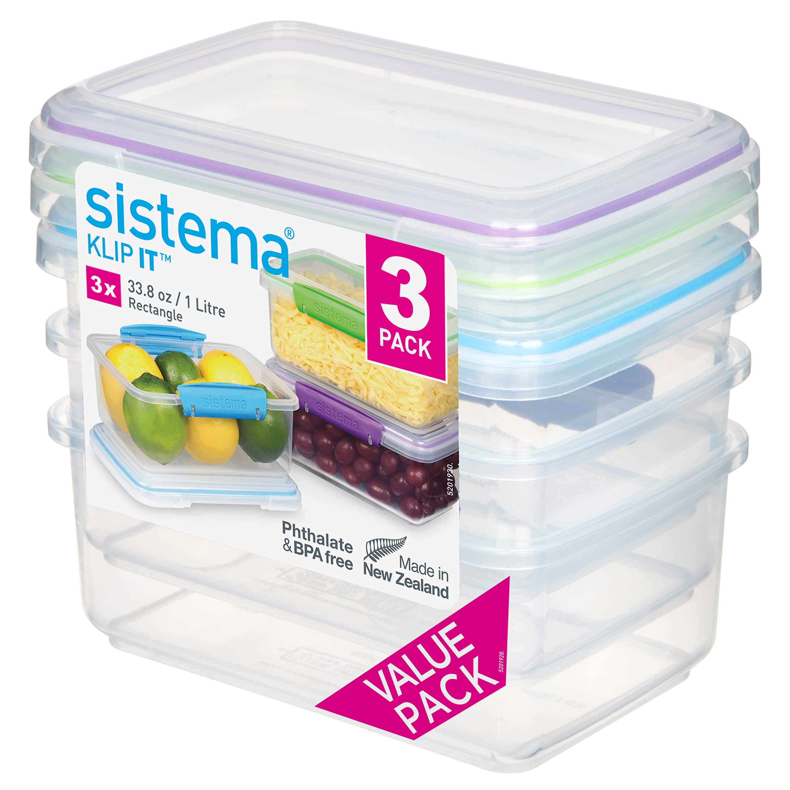 KLIP IT Food Storage Containers | 1 L | Stackable, Nestable & Airtight Fridge/Freezer Food Boxes with Lid | BPA-Free Plastic | Blue, Green & Purple Clips | 3 Count