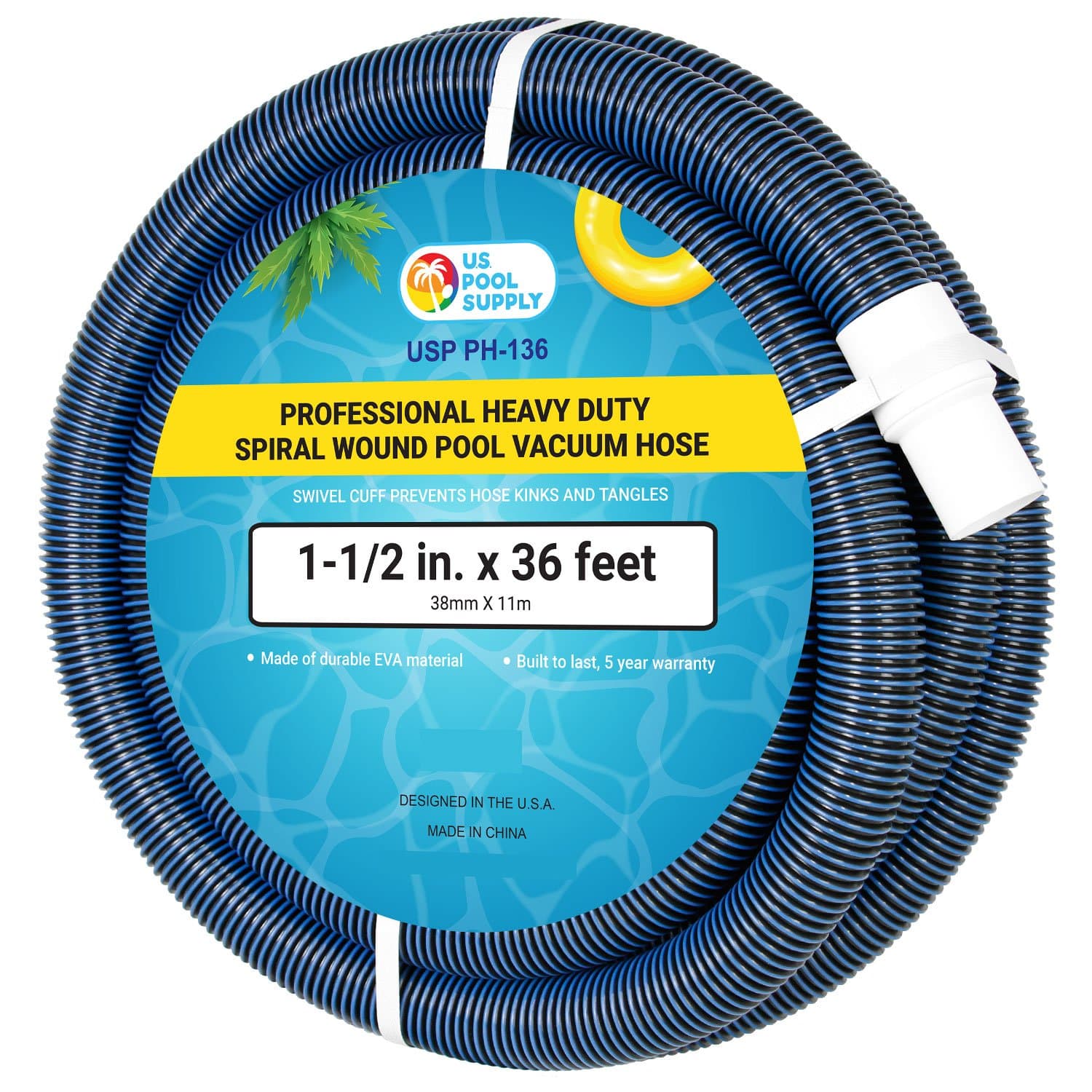 U.S. Pool Supply Pool Vacuum Hose - 1-1/2" x 36' Professional Heavy Duty Pool Hose for Inground, Spiral Wound with Kink-Free Swivel Cuff - Connect to Vacuum Heads, Skimmer, Cleaner, Filter Pump Inlet
