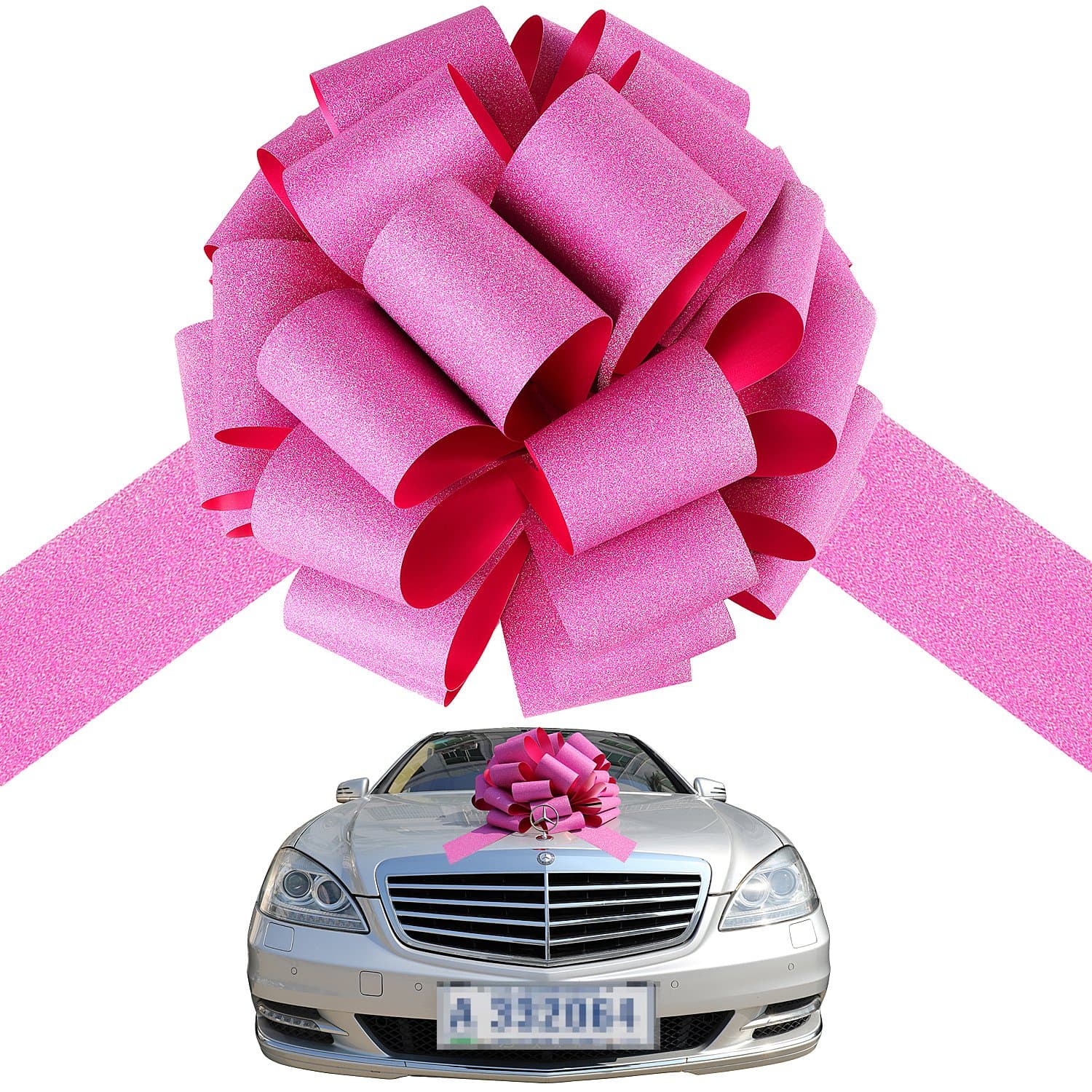 Big Pink car Bow Ribbon Pull Bows New car Bow Ribbon Automobile Bow, Thick Giant Ribbon tie Waterproof for Cars & Giant Gift Bow (22")