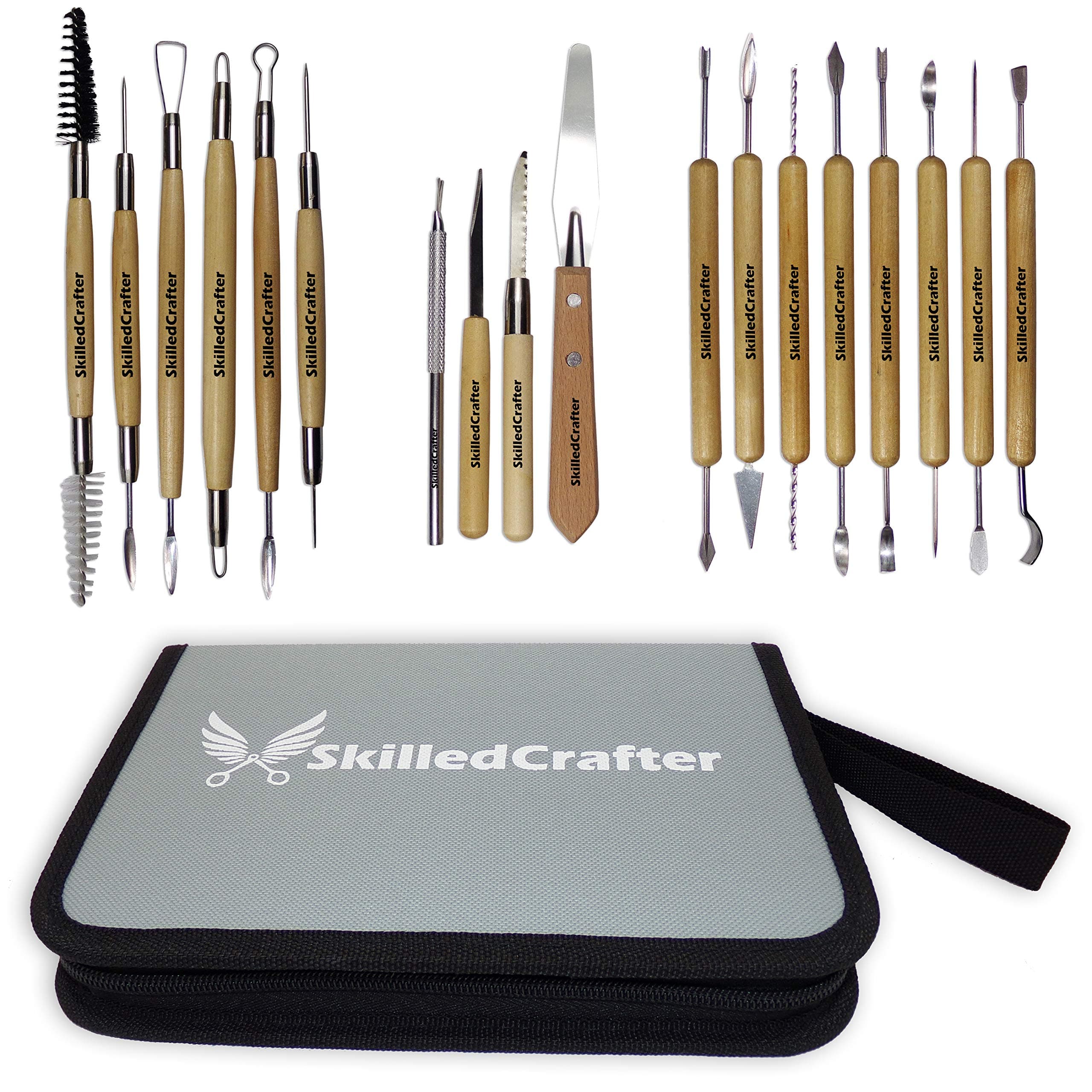 Skilled Crafter Clay Modeling Tools with Zip-Up Case. 18 Double Ended Quality Carvers & Modelers for Sculpting, Modeling, Trimming & Pottery Carving. Best for Sculpey, Polymer, Ceramics, Dough, Wax