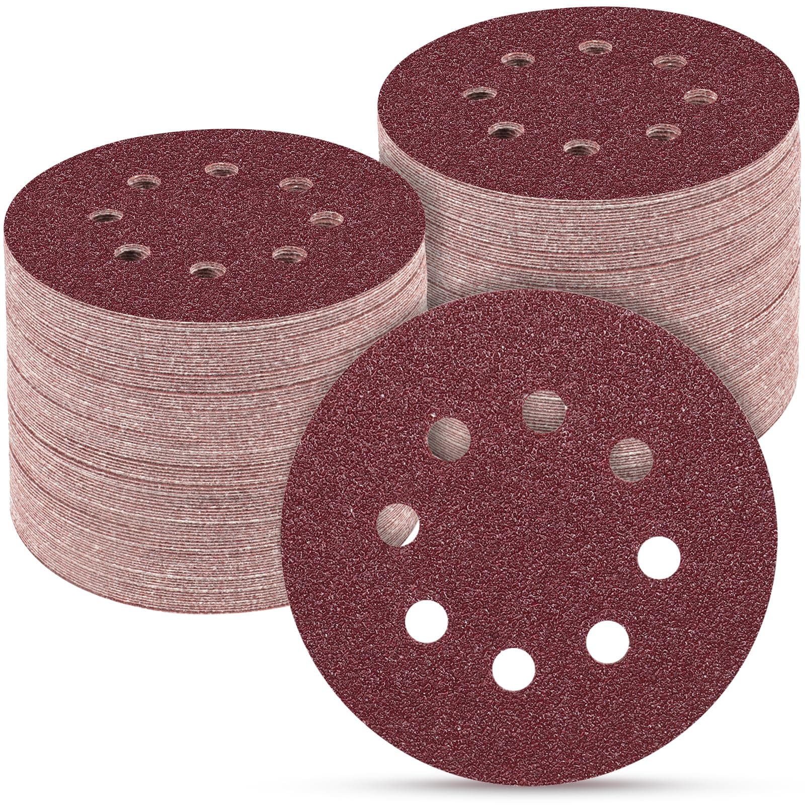 5 Inch 8 Hole Sanding Discs, 100 PCS 40-Grit Hook and Loop Sandpaper, Round Alumina Orbital Sander Pads for Polishing, Grinding, Woodworking