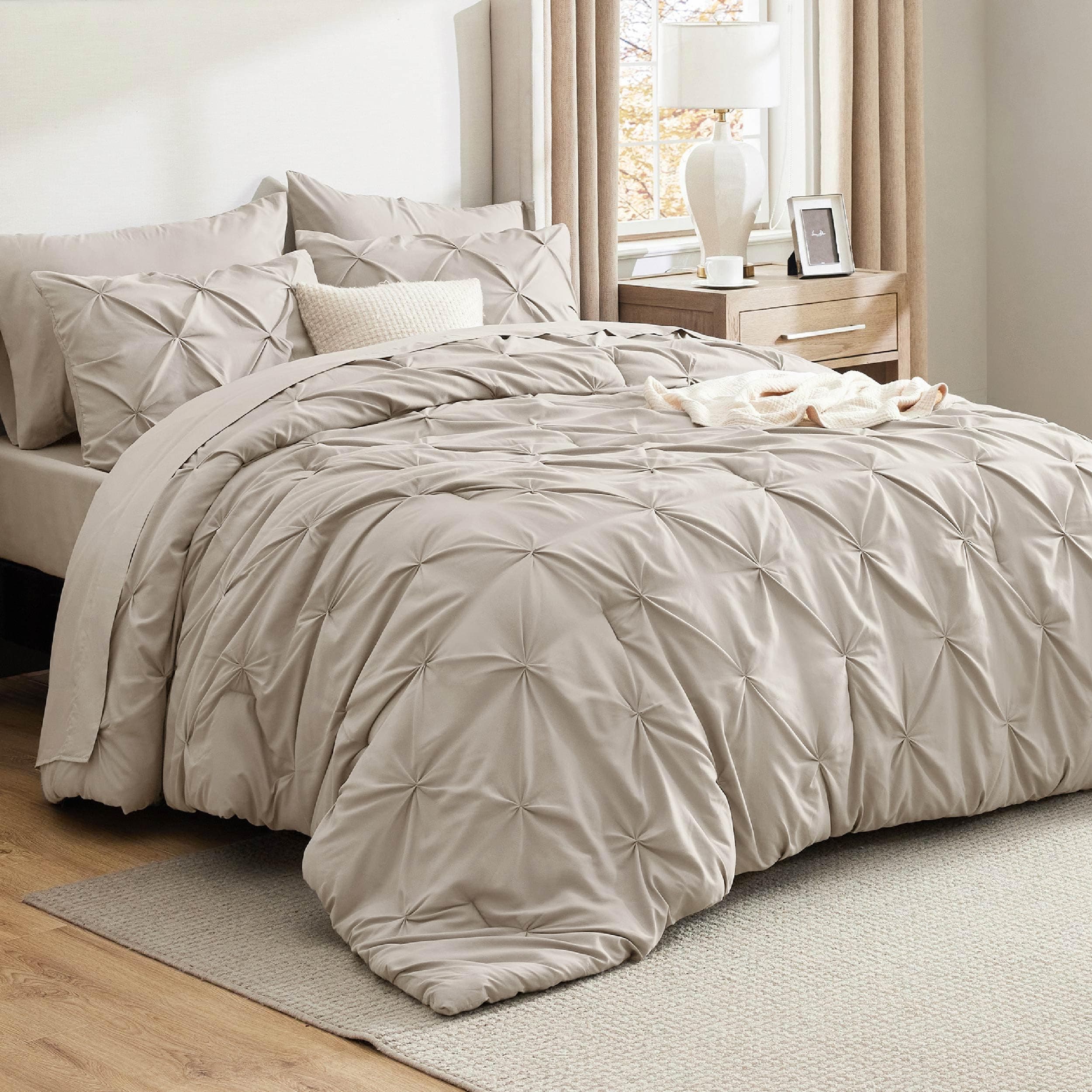 Bedsure Oversized Queen Comforter Set Beige - Bed in a Bag Bedding Set 7 Pieces, GentleSoft™ Pintuck Bed Set Gift for Family, Pinch Pleat All Season Comforter with Sheets, Pillowcases & Shams