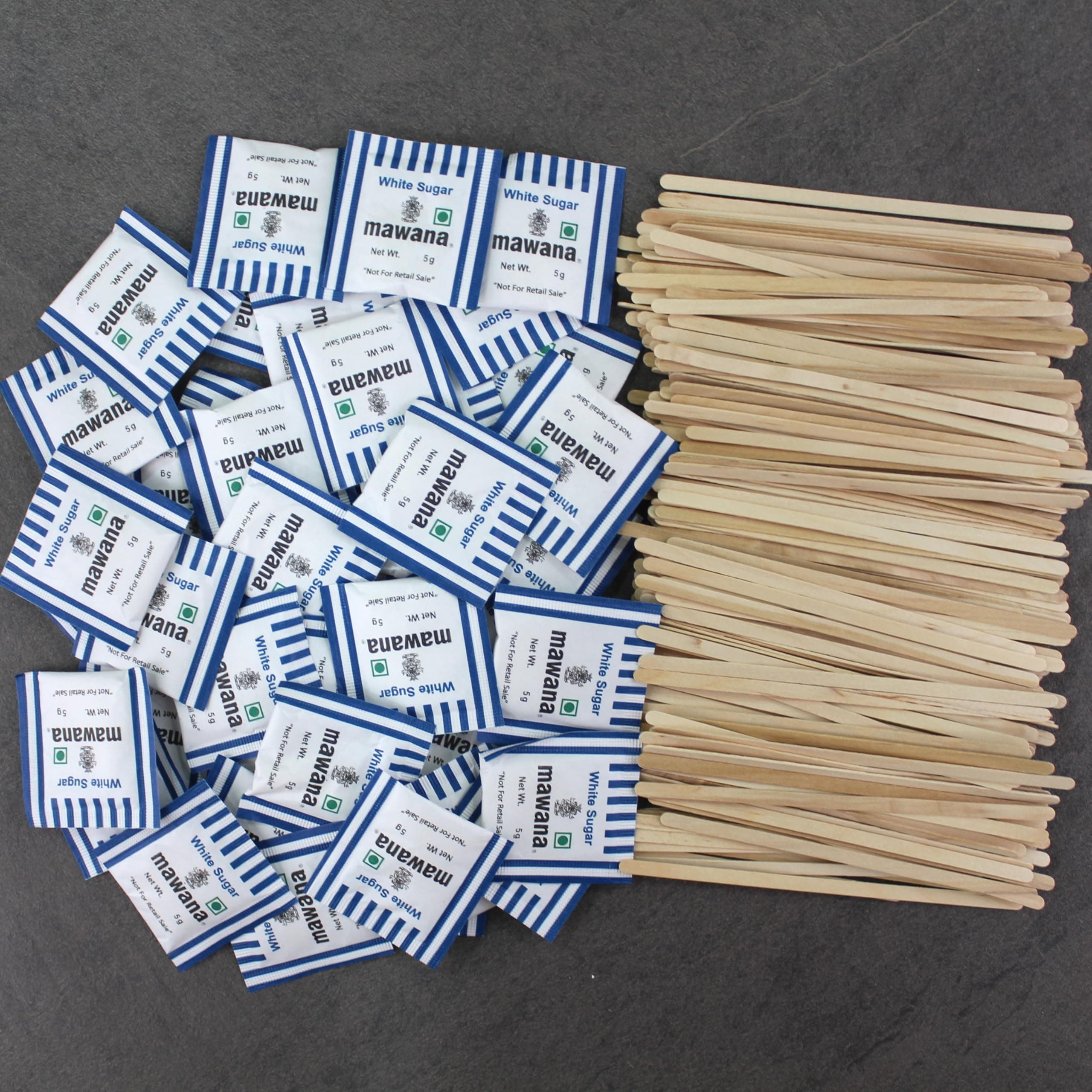 SFU E Com Mawana White Sugar Sachets With Coffee Stir Sticks Wood Stirrers Combo | Stirrers for Tea, Coffee etc. | Mawana White (100 Pcs) Stirrer (100 Pcs)