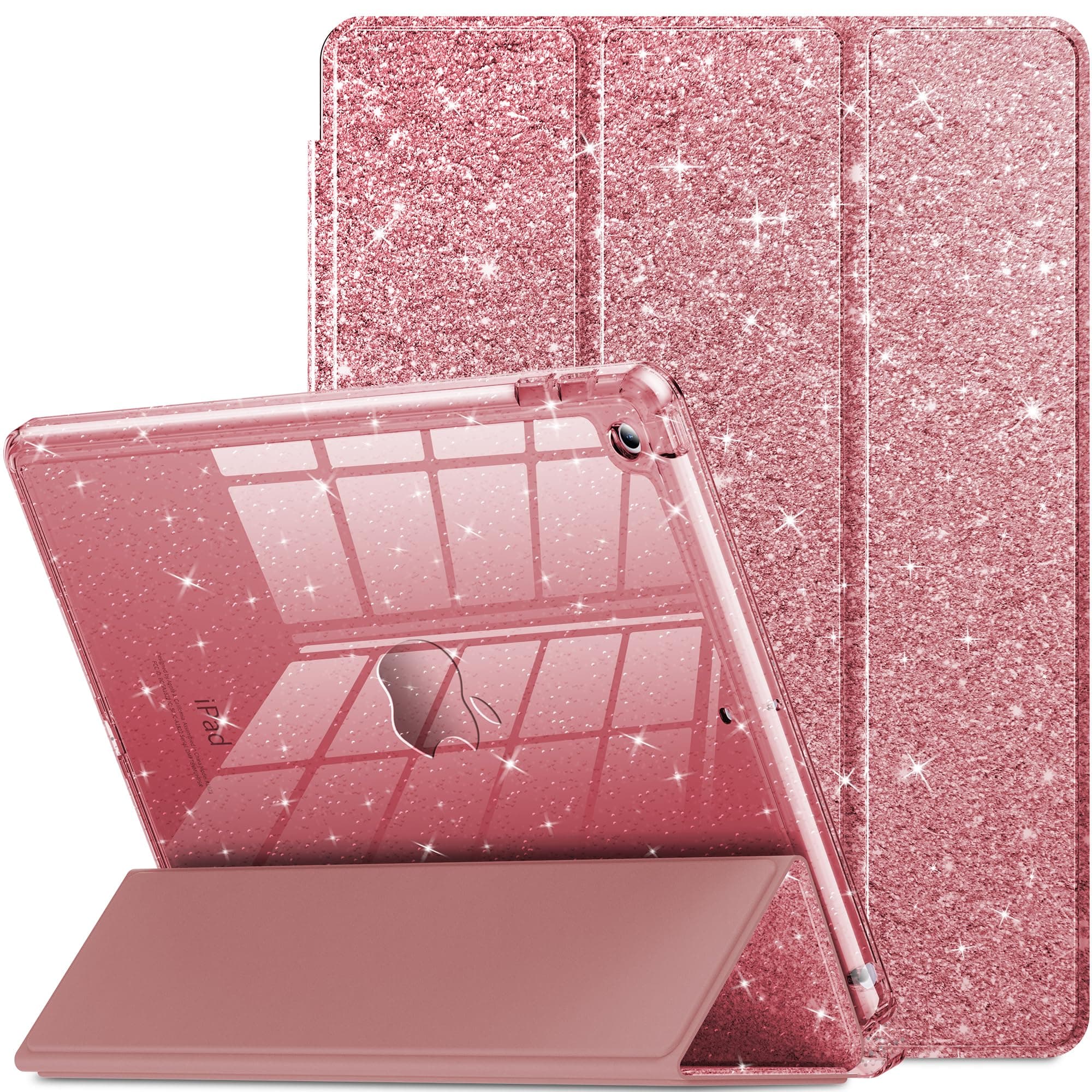 INFILAND iPad 9th Generation Case 10.2 inch iPad Case for 7th / 8th / 9th Generation (2021 / 2020 / 2019 Model) Glitter Leather Cover Bling Crystal Clear Back Pencil Holder Anti-Yellowing (Rose Gold)