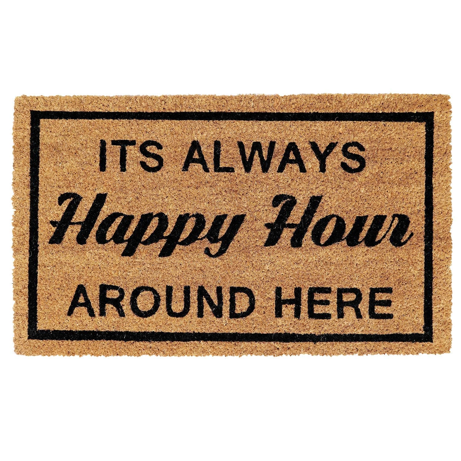 Happy Hour Printed Anti-Slip Doormat (Black and Brown) Rectangular Shaped Entryway Rug Natural Coir with PVC Backing for Outdoor Entrance Home Mats Floor Door Hall Drawing Living (75cm x 45cm)
