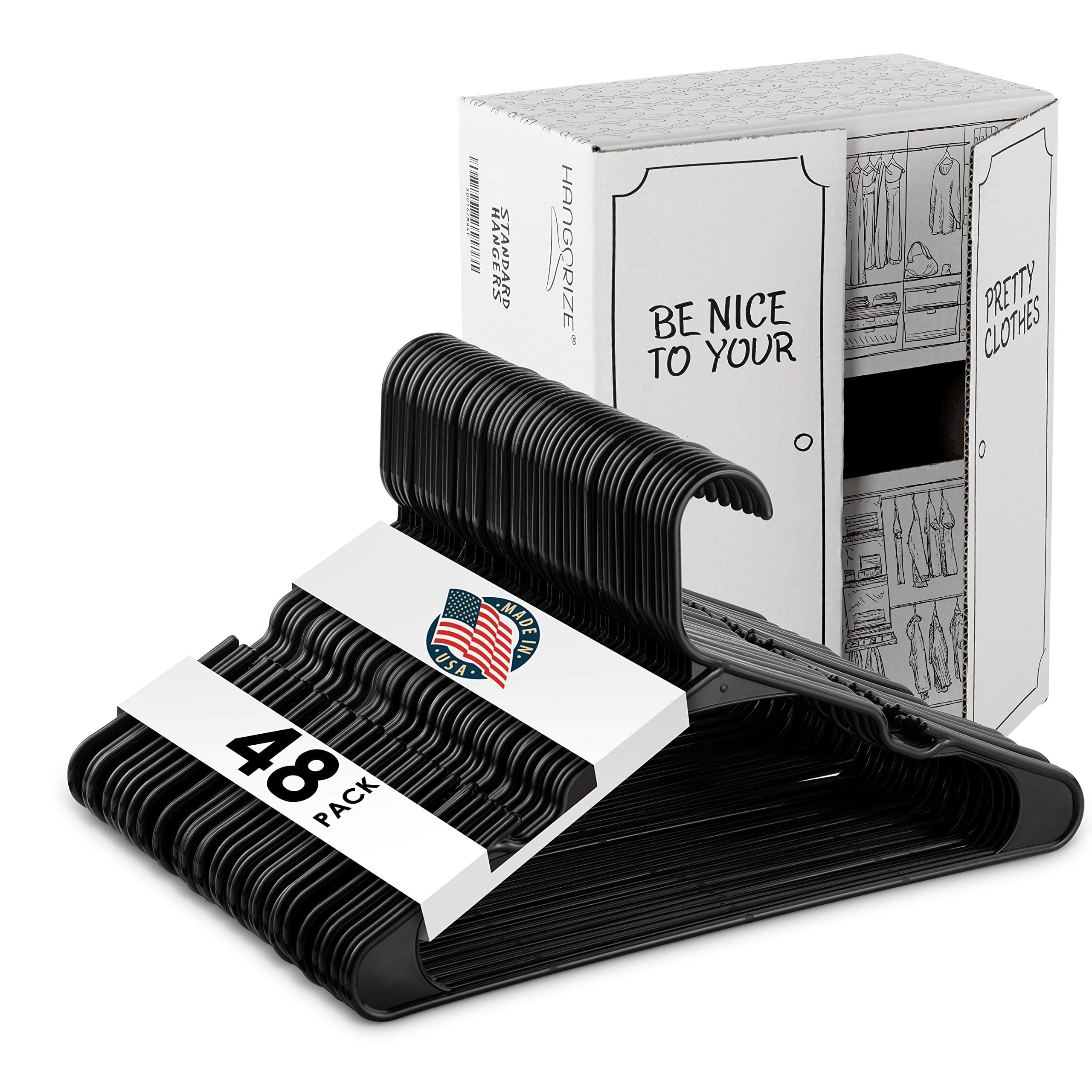 Hangorize Plastic Hangers 48-Pack, Black Plastic Hangers - Standard-Size Clothes Hanger with Notches - Hangers for Clothing and Accessories - Closet Organization Essentials for Home, Apartment, Dorm