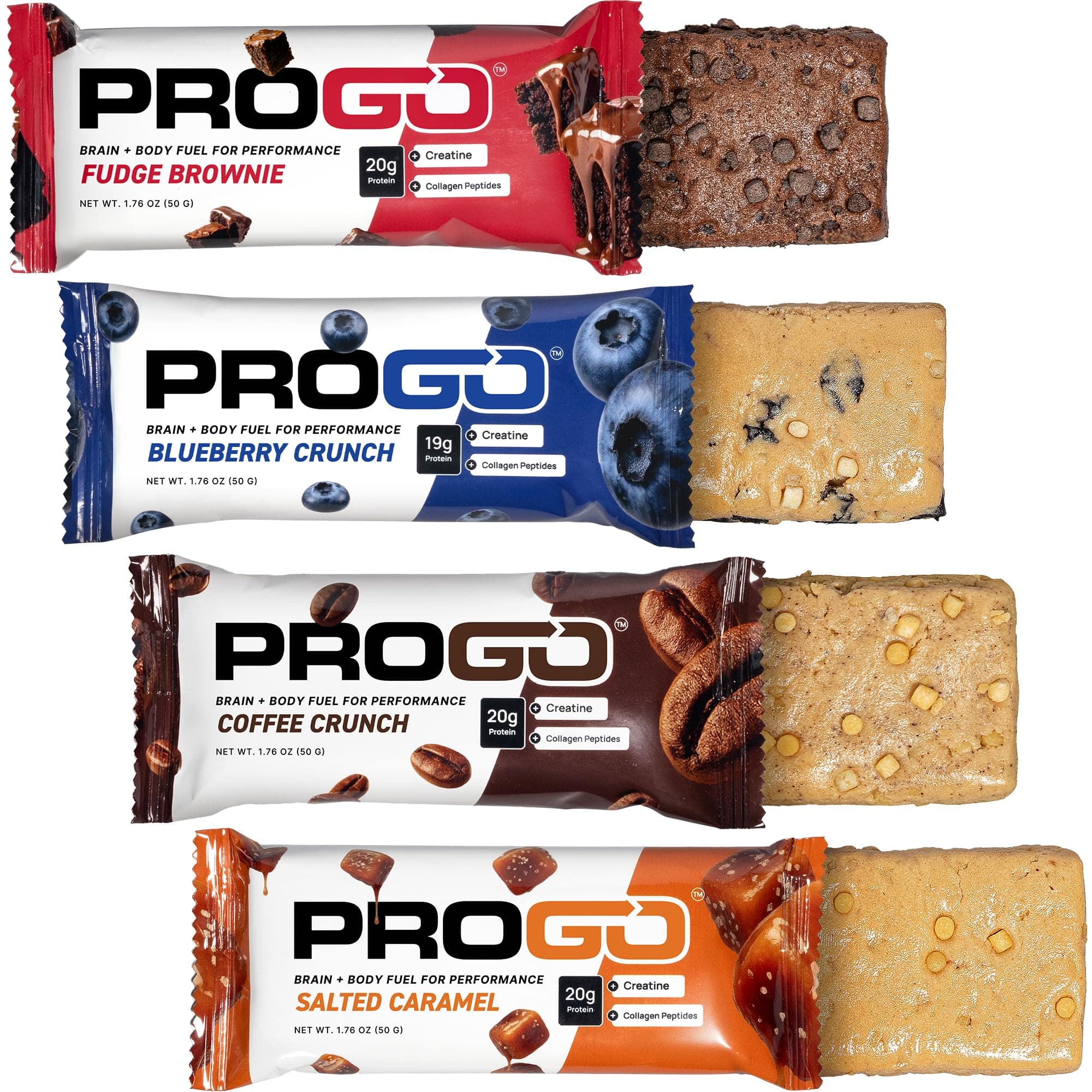 ProGo Protein Bars Starter Pack – Brain + Body Fuel with Up to 20g Clean Protein, Creatine & Collagen Peptides, Made with 95% Pure Isolate, Grass-Fed Beef Tallow, No Fillers, Naturally Sweetened with Honey, Gluten-Free (4-Count)