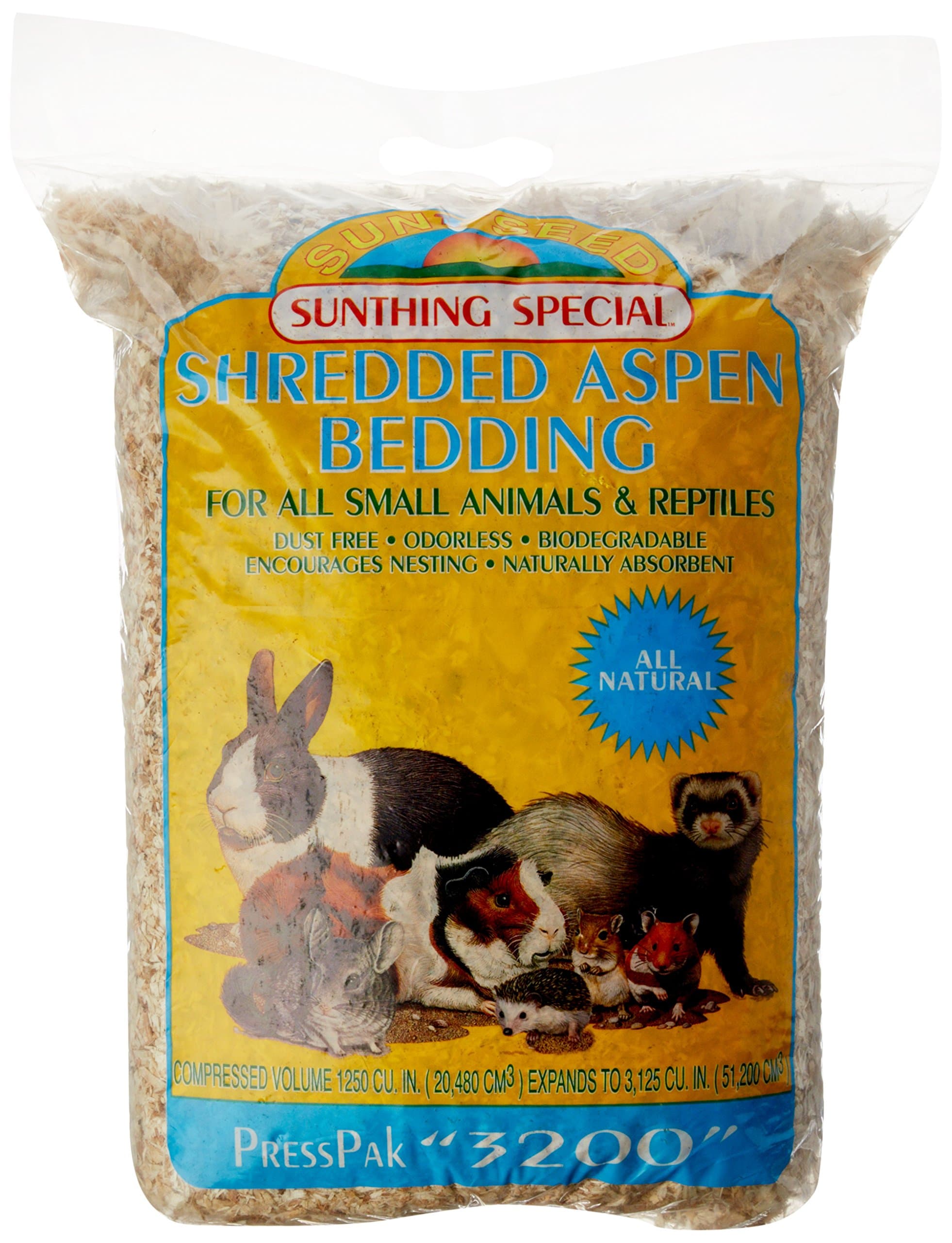 Sunseed Shredded Aspen Bedding, 3200 Cubic Inches, for Small Nesting and Burrowing Animals