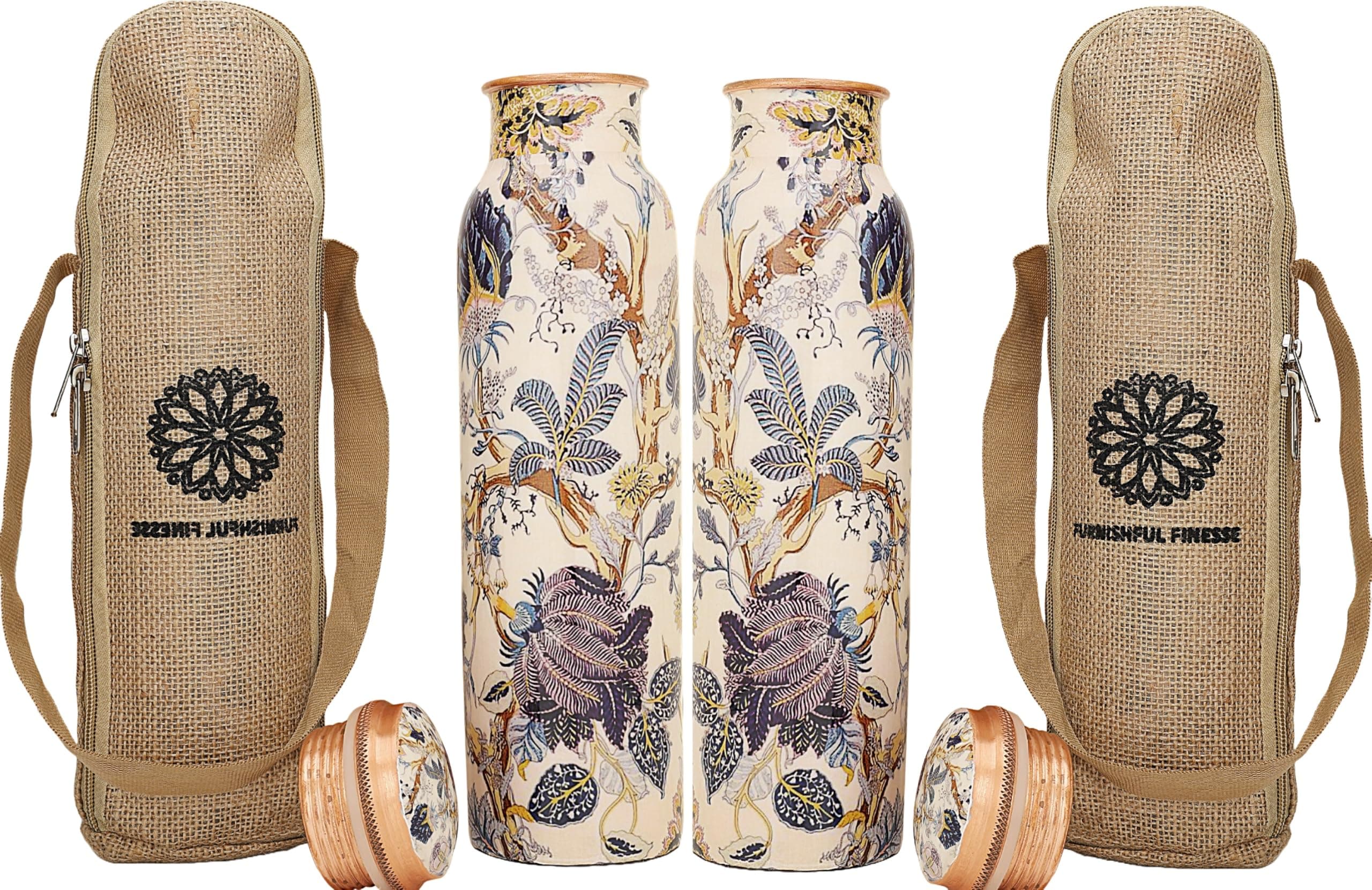 34 Oz Pure Copper Water Bottle, 1000 ml Printed Copper Bottle With Carry Bag For Drinking Leak Proof Handcrafted Copper Water Vessel For Gym Office Outdoor Yoga - Pack of 2, White Floral Print