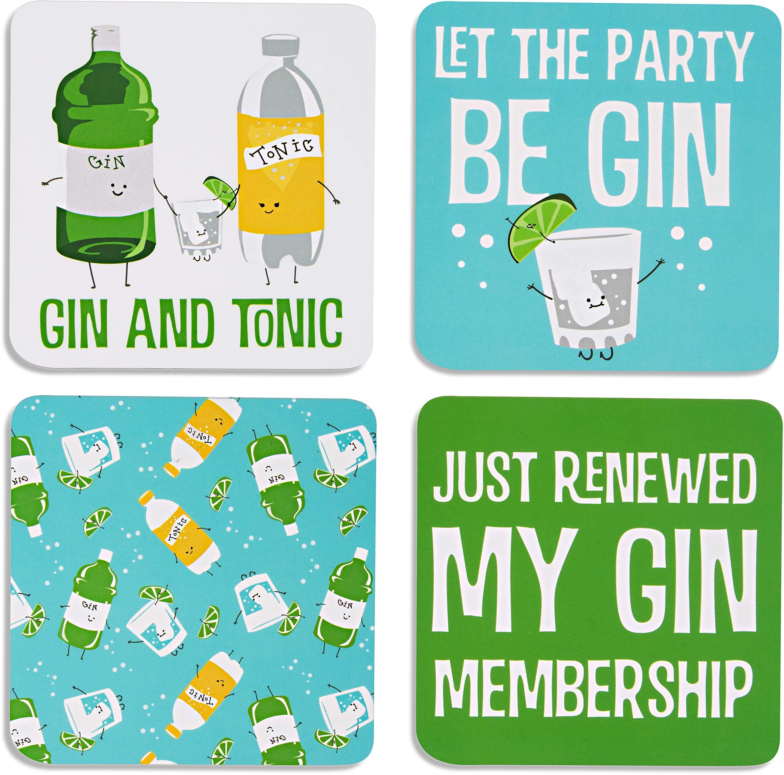 Pavilion Gift Company - Gin & Tonic - 4 Piece Sentiment, Pattern and Character Coaster Set with Box Holder - 4 Inch