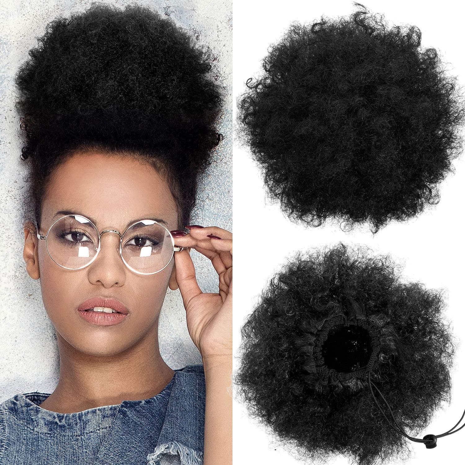 WILLBOND 2 Pieces Afro Puff Drawstring Ponytail Extension for Black Women Curly Bun Hair Synthetic Short Extensions with Clip Afro Chignon Hairpieces Wig Updo Hair(Black)