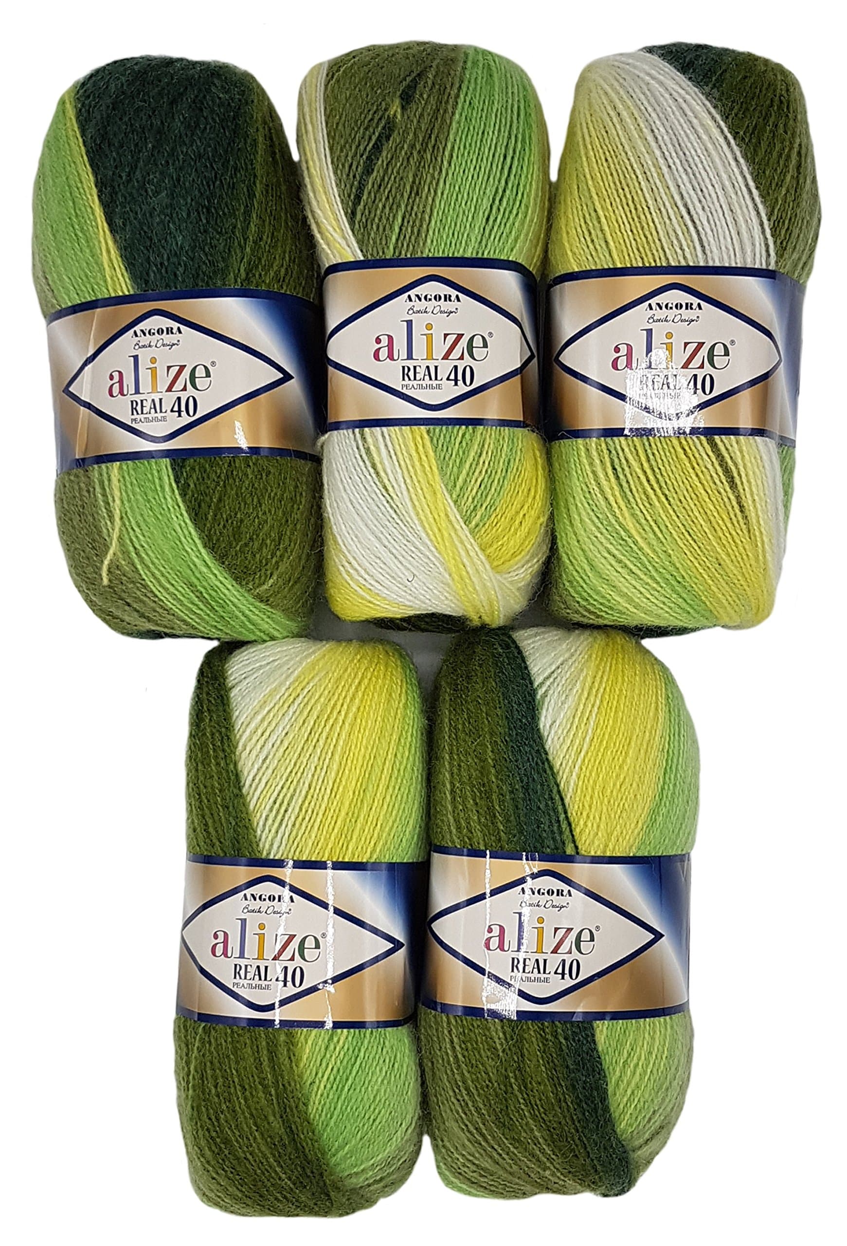 5 x 100 g Alize Knitted Wool Olive Yellow White Gradient 40% Content No. 1593, 500 g