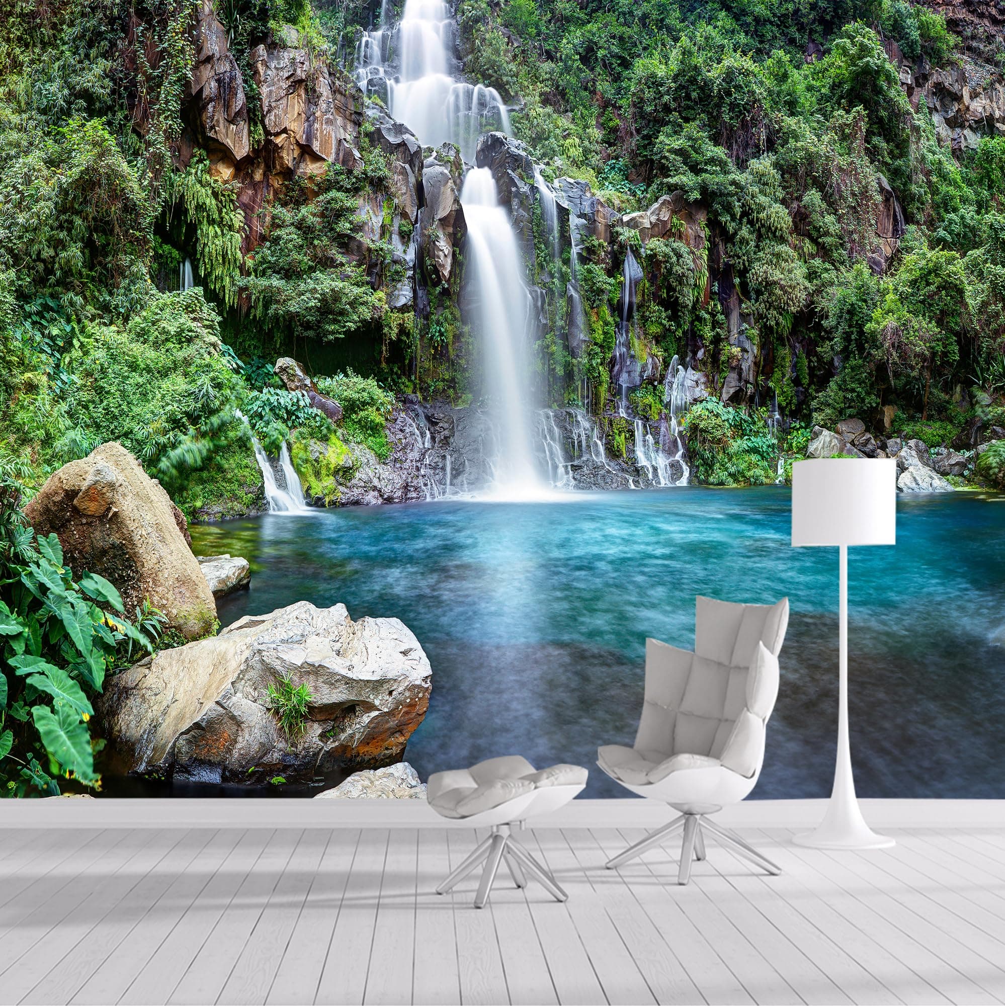 Custom Size Wall Murals,Removable Peel and Stick Self-Adhesive Wall Murals Large Photo Wallpaper,3D Waterfall Lake Forest Natural Scenery for Living Room Bedroom