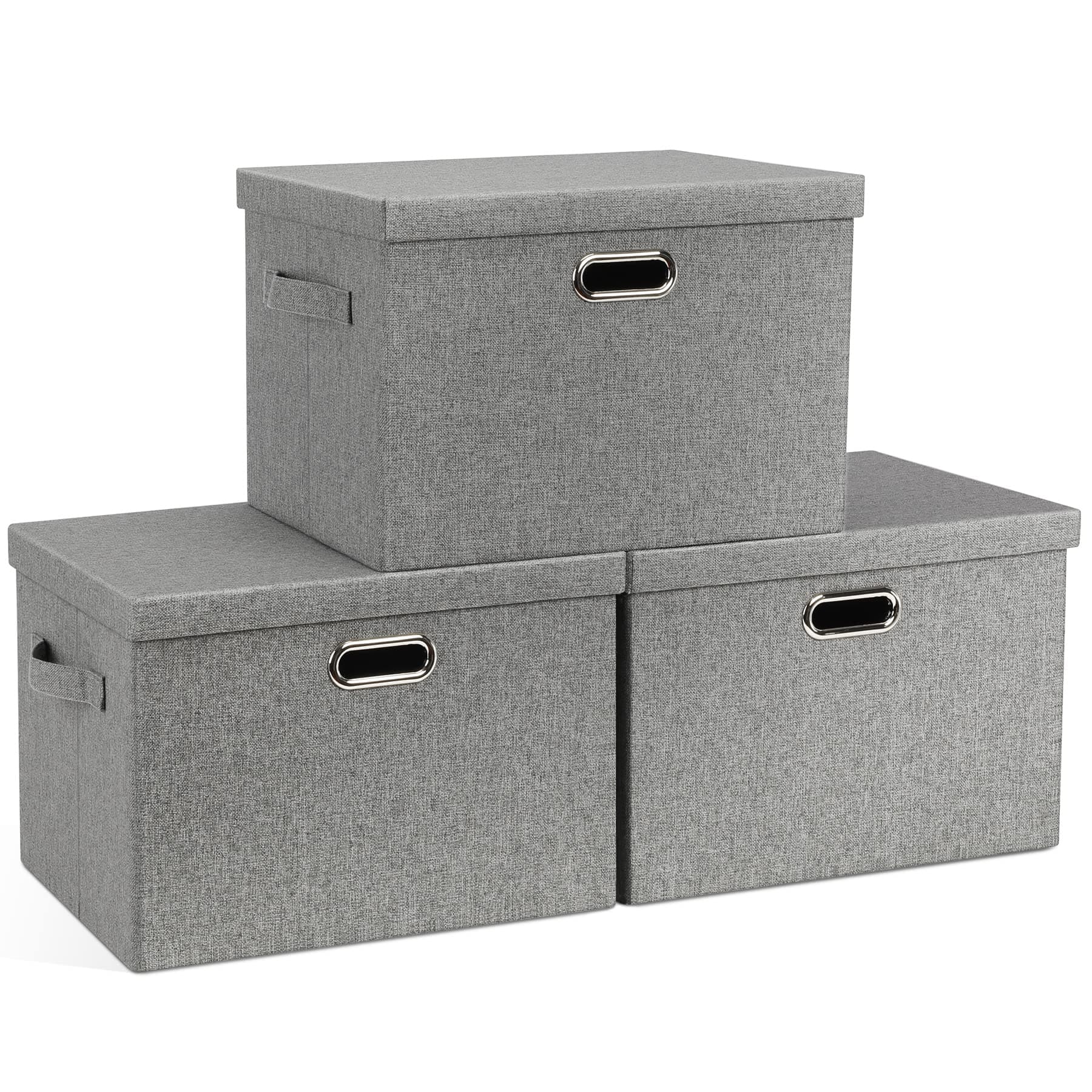 Large 17" 36 Quart Collapsible Stackable Storage Bins with Lids, 3 Packs Grey Linen Fabric Closet Boxes with Lids, Storage Cube Baskets Container Organizers for Bedroom Office(17 x12 x11)
