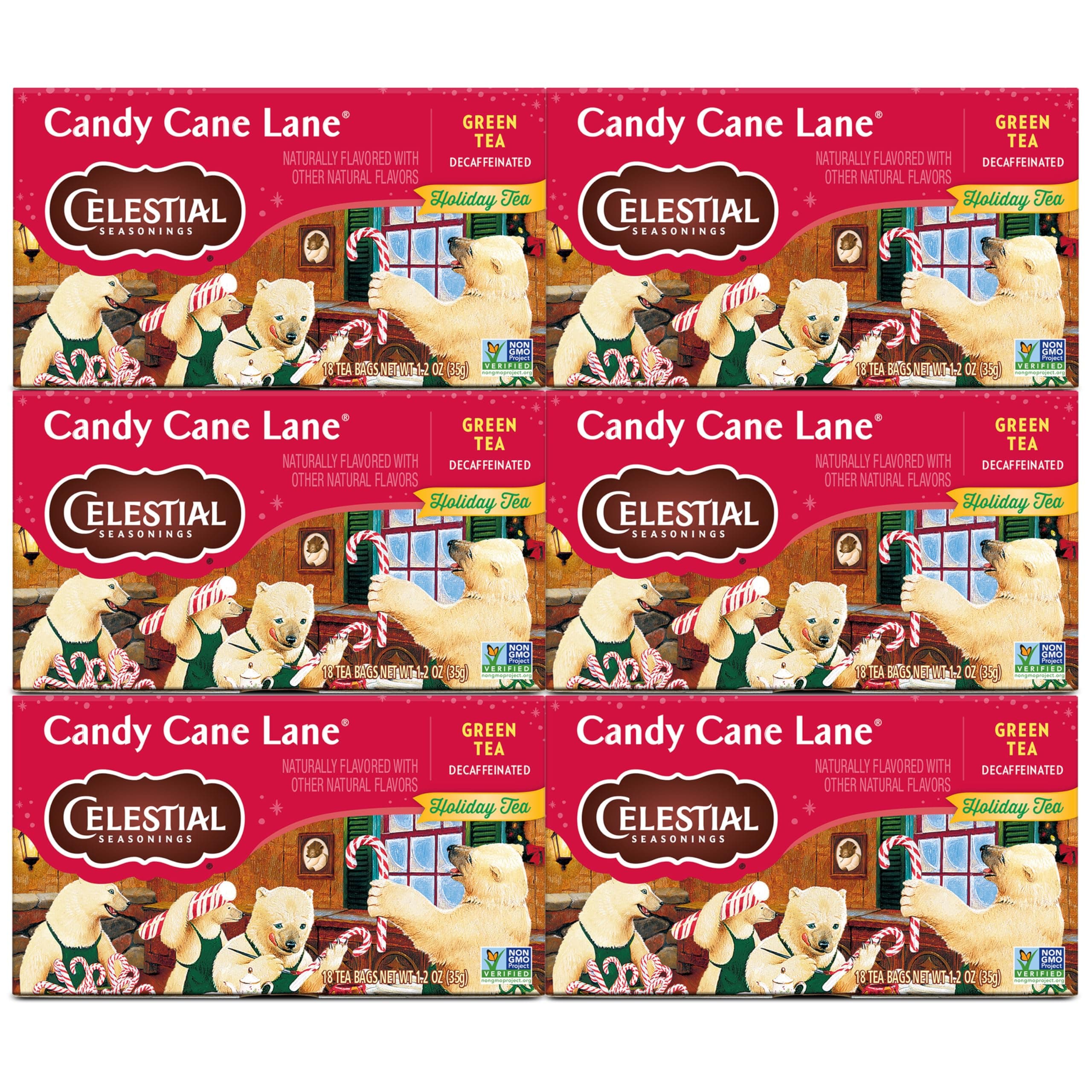 Celestial Seasonings Green Tea, Decaffeinated Candy Cane Lane, 18 Count (Pack of 6)