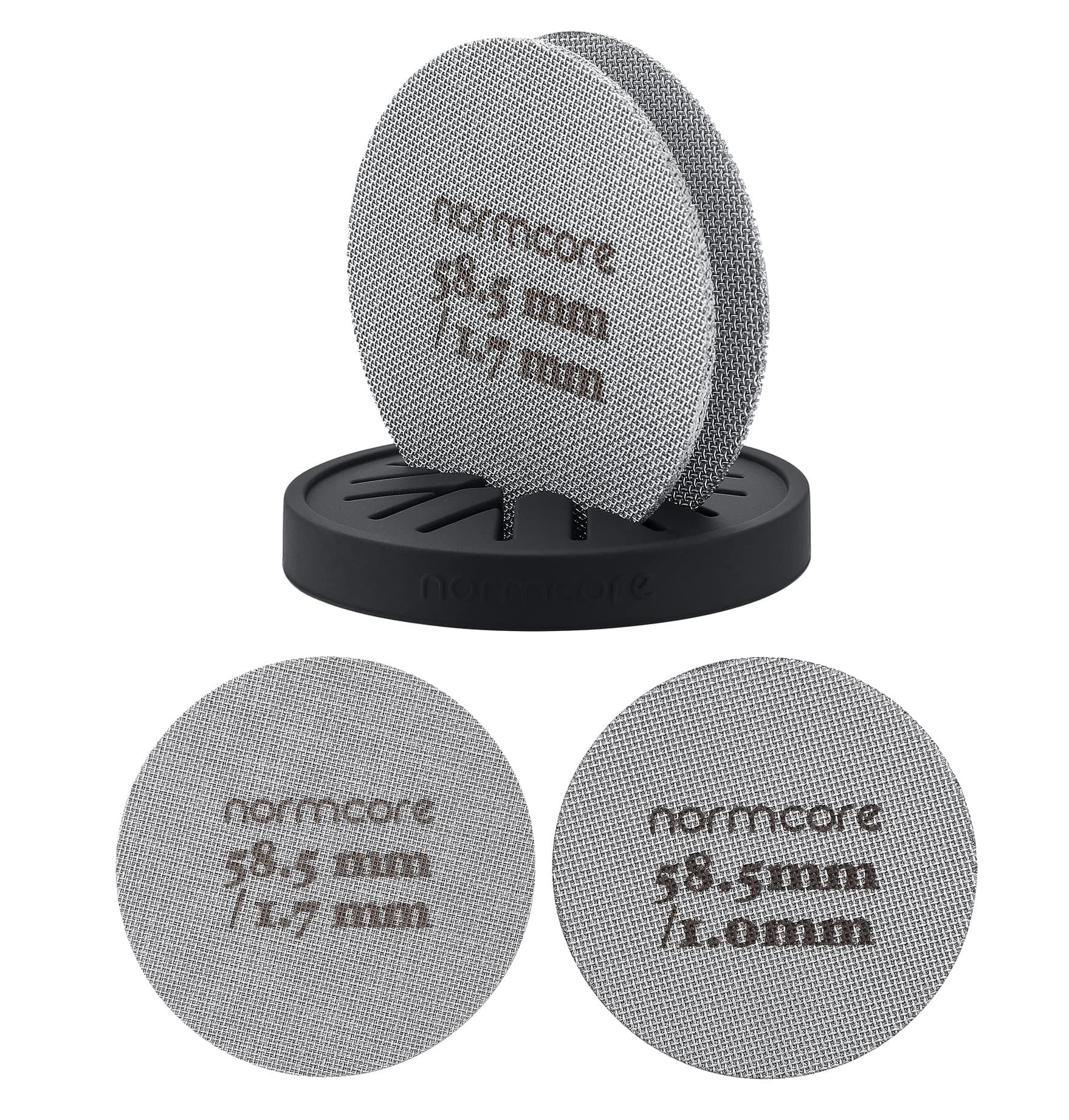 Normcore 2 Packs 58.5mm Puck Screen with Stand, Reusable Contact Shower Screen with Silicone Holder, 1.7mm - 1.0mm Thickness 150µm Mesh, Compatible with Espresso Machine 58mm Portafilter Basket