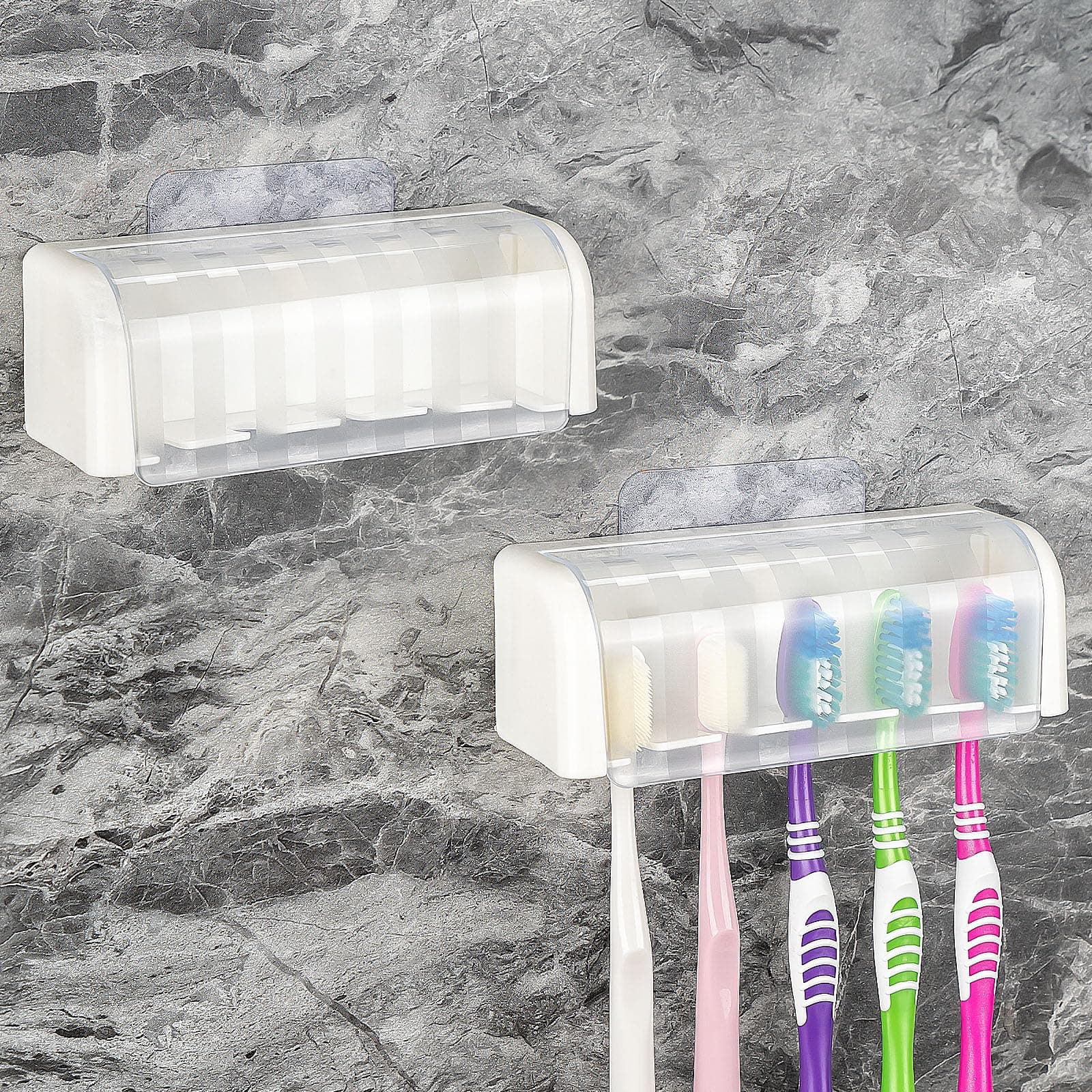 2 Pack 5 Slots Wall Mount Toothbrush Holder with Cover, Self Adhesive Toothbrush Storage Organizer for Shower, Toothbrush Hanger for Bathroom, Medicine Cabinet, Dorm