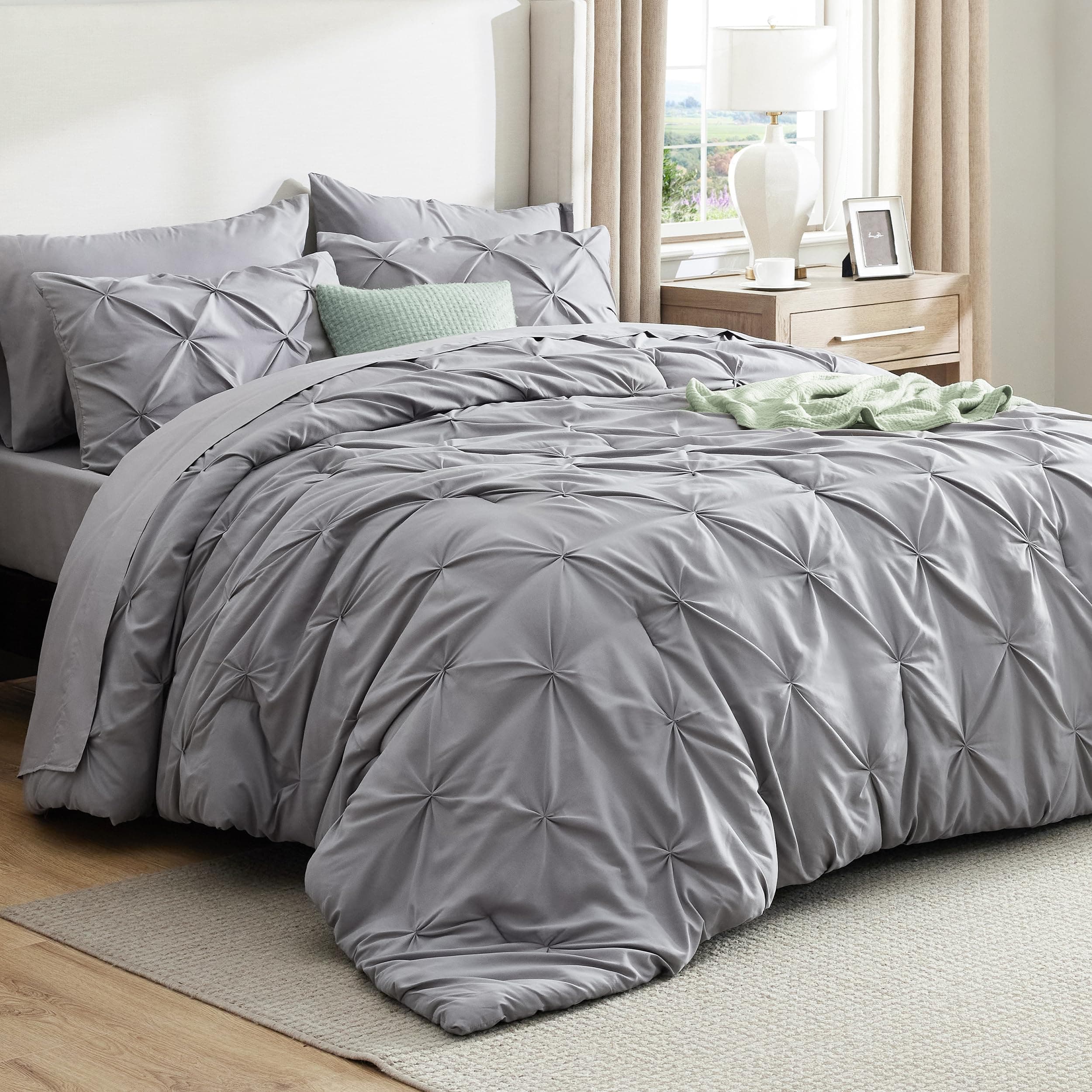 Bedsure King Size Comforter Set - Bedding Set King 7 Pieces, Pintuck Bed in a Bag Grey Bed Set with Comforter, Sheets, Pillowcases & Shams