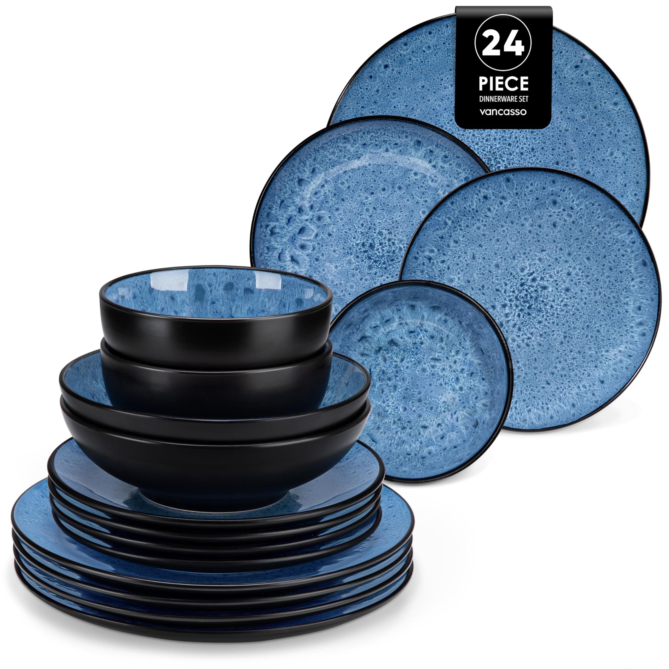 vancasso Bubble Blue Dinner Set, 24 Pieces Dinner Sets for 6 People, Reactive Glaze Plates and Bowls Set in Vintage Look, Include Dinner Plates, Dessert Plates, Pasta Bowls and Soup Bowl