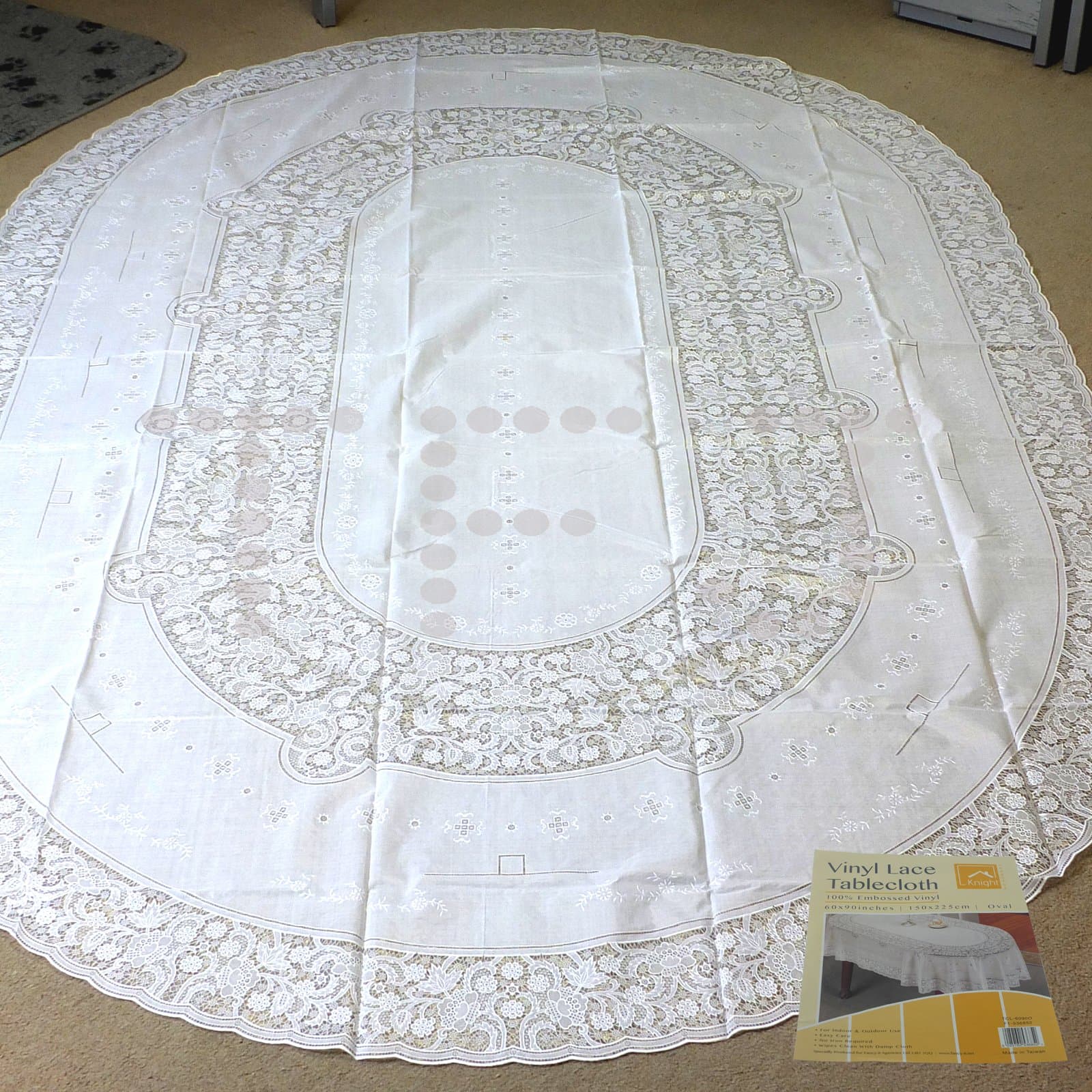 Vinyl Tablecloth - No Iron Required -Different Shape And Size (150 X 225 CM OVAL, Lace)