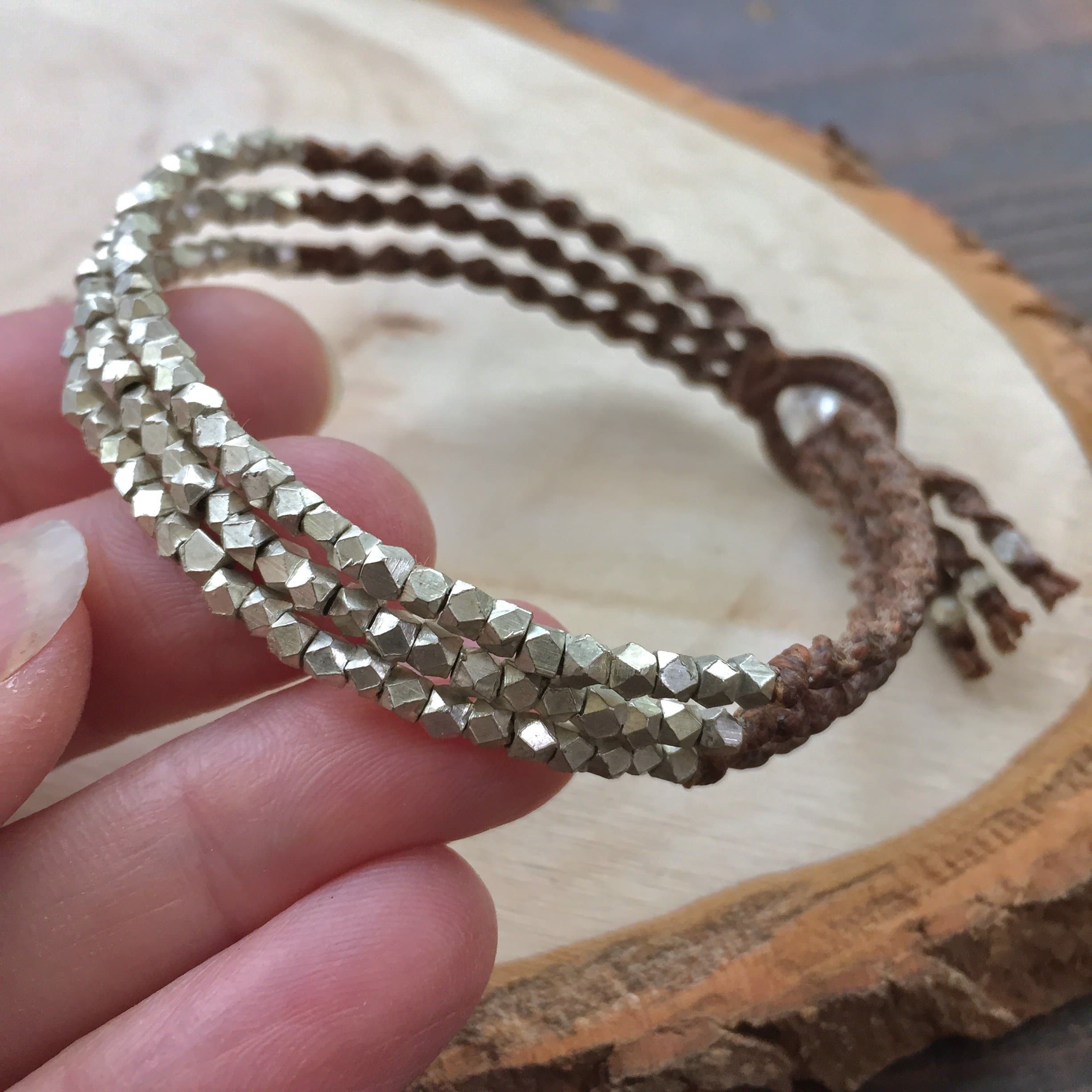 Triple Row Macrame Bracelet with Silver Tone Nuggets on Brown or Black Cord