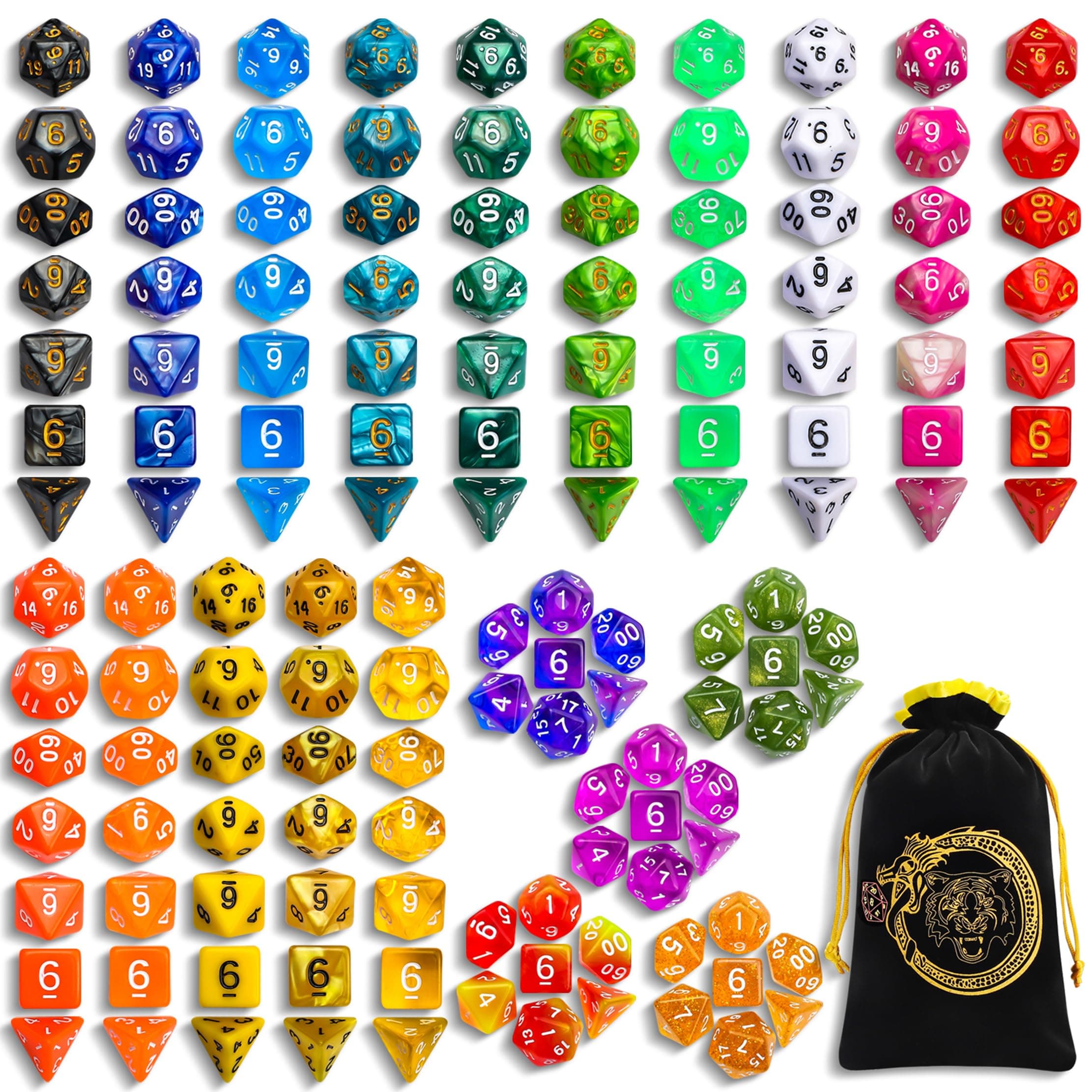 CiaraQ DND Dice Sets 20 X 7 Polyhedral Dice (140pcs) with a Large Drawstring Bag Great for Dungeons and Dragons, Role Playing Table Game.