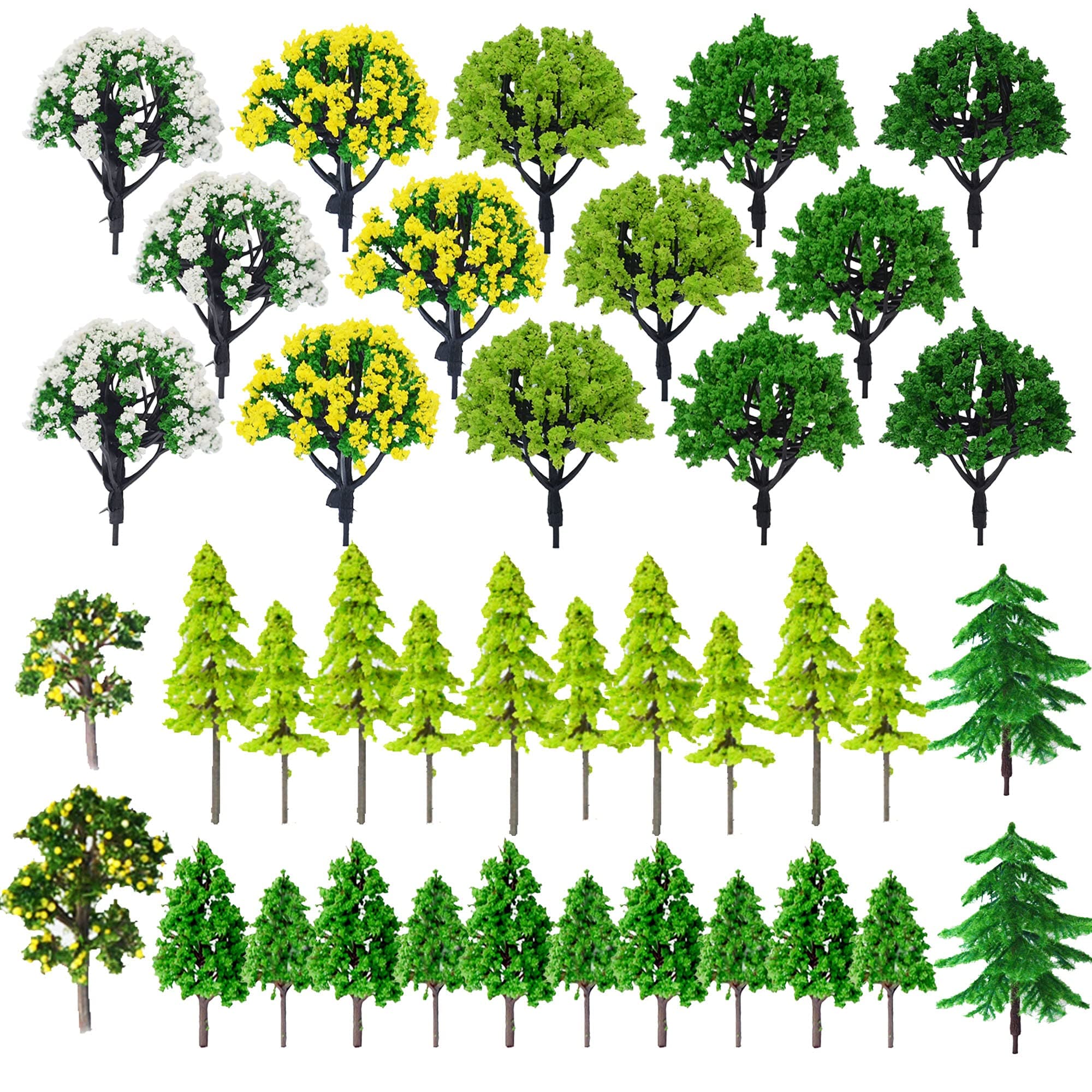 Cayway 44PCS Model Trees 1.3~3.2 Inch Mixed Colorful Accessories Model Train Scenery Architecture Trees Fake Trees for Building Model, Model Scenery with No Bases for DIY Crafts