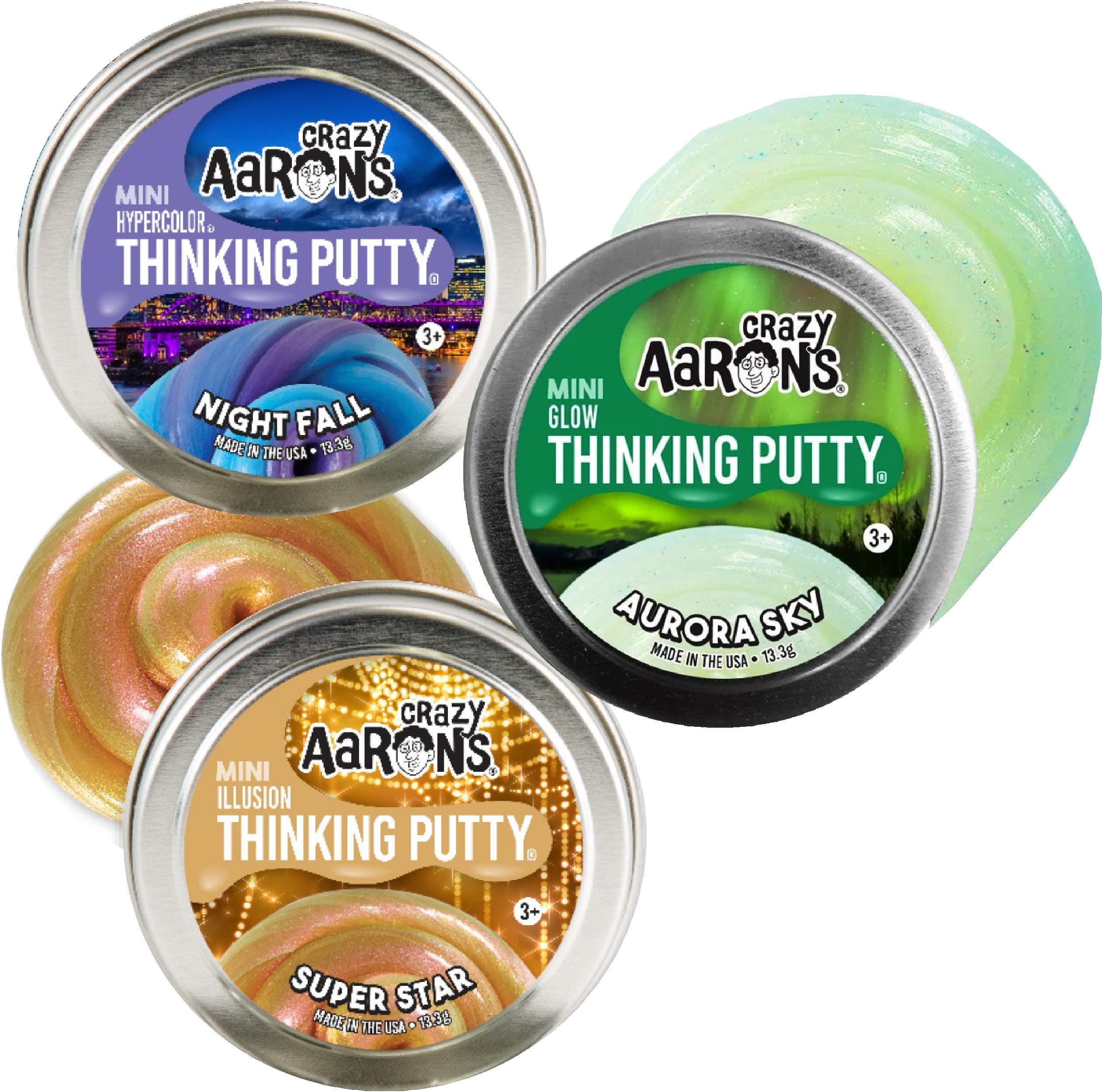 Crazy Aaron's Putty Super Sky Mini Tins (.47oz Each) Nightfall (Hypercolor), Super Star (Illusion) & Aurora Sky (Glow) Gift Set Bundle - 3 Pack