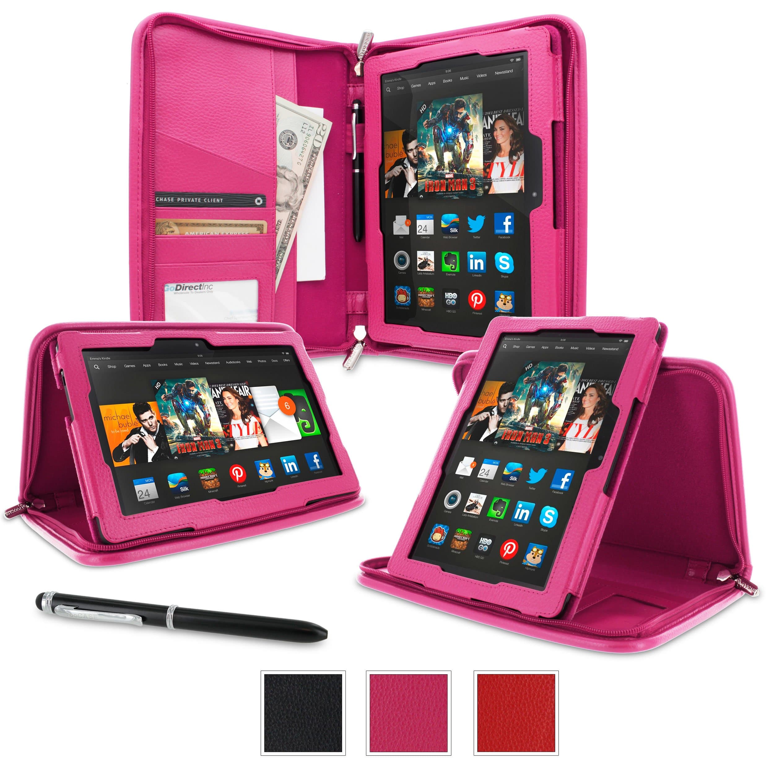 rooCASE Amazon All New Kindle Fire HDX 8.9 Case - (2014 Current Generation) Executive Portfolio Leather 8.9-Inch 8.9" Cover with Landscape, Portrait, Typing Stand, Hand Strap - Magenta
