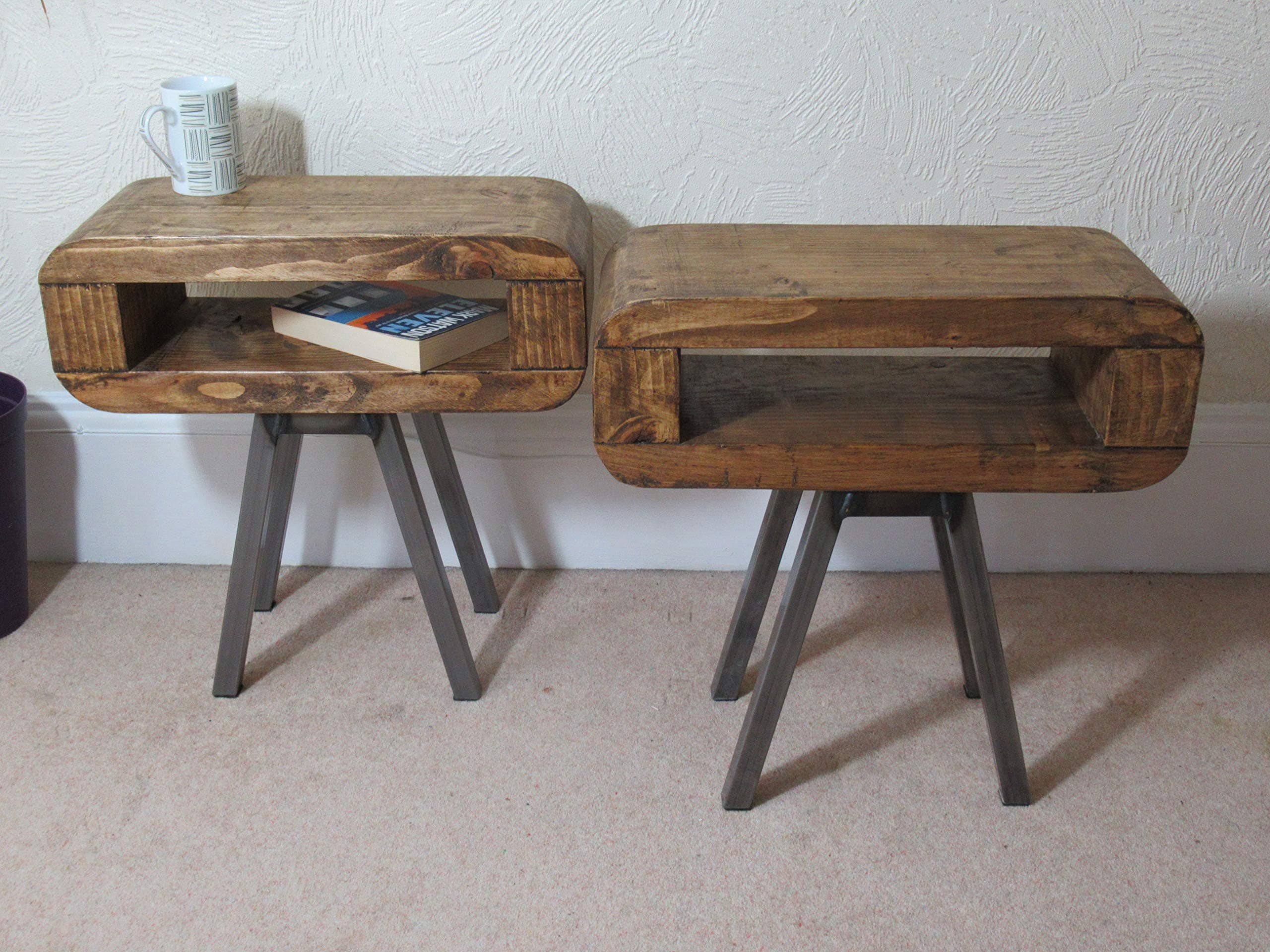 Retro style Slim side or bedside tables rustic industrial set of two