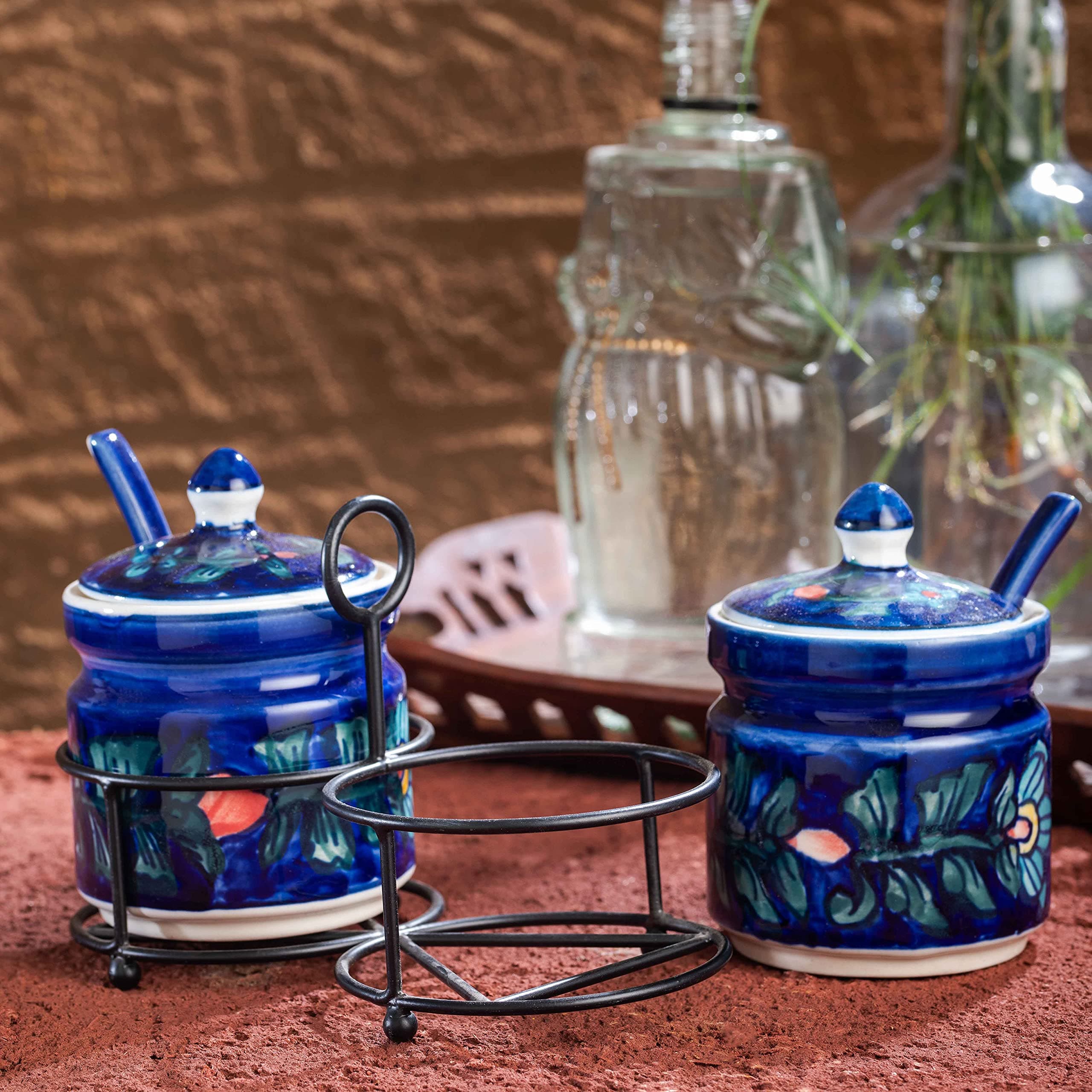 HS HINDUSTANI SAUDAGAR Ceramic Jar Set with Iron Stand, 2 Spoon & Matching Lid for Storage Pickle (Blue) 300 ML